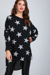 Star Print Dipped Hem Black Batwing Top - bejealous-com