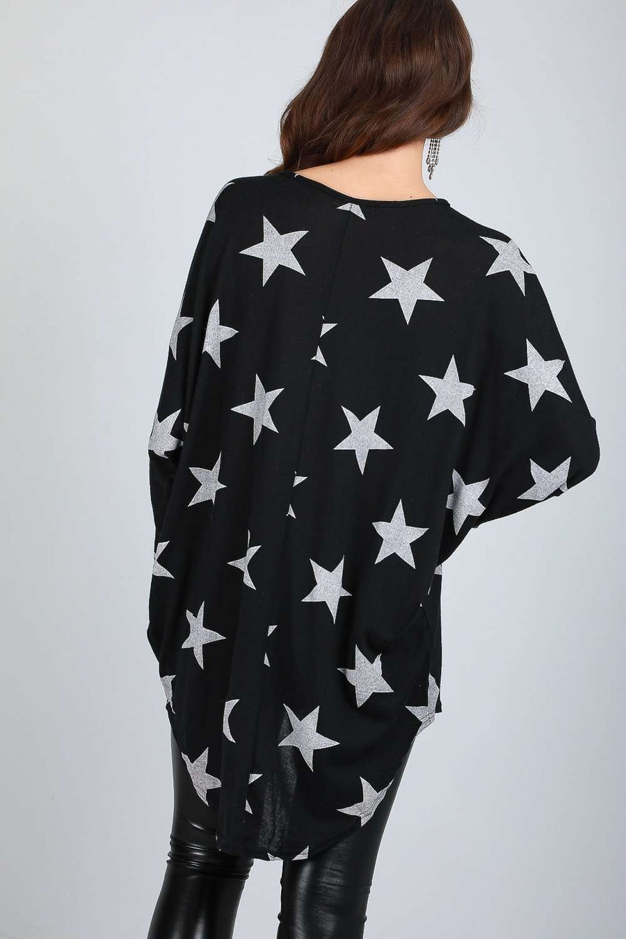 Star Print Dipped Hem Black Batwing Top - bejealous-com