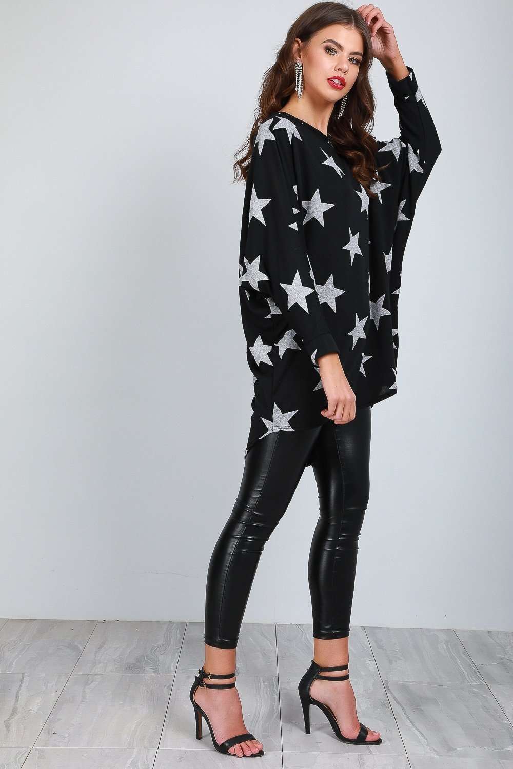 Star Print Dipped Hem Black Batwing Top - bejealous-com