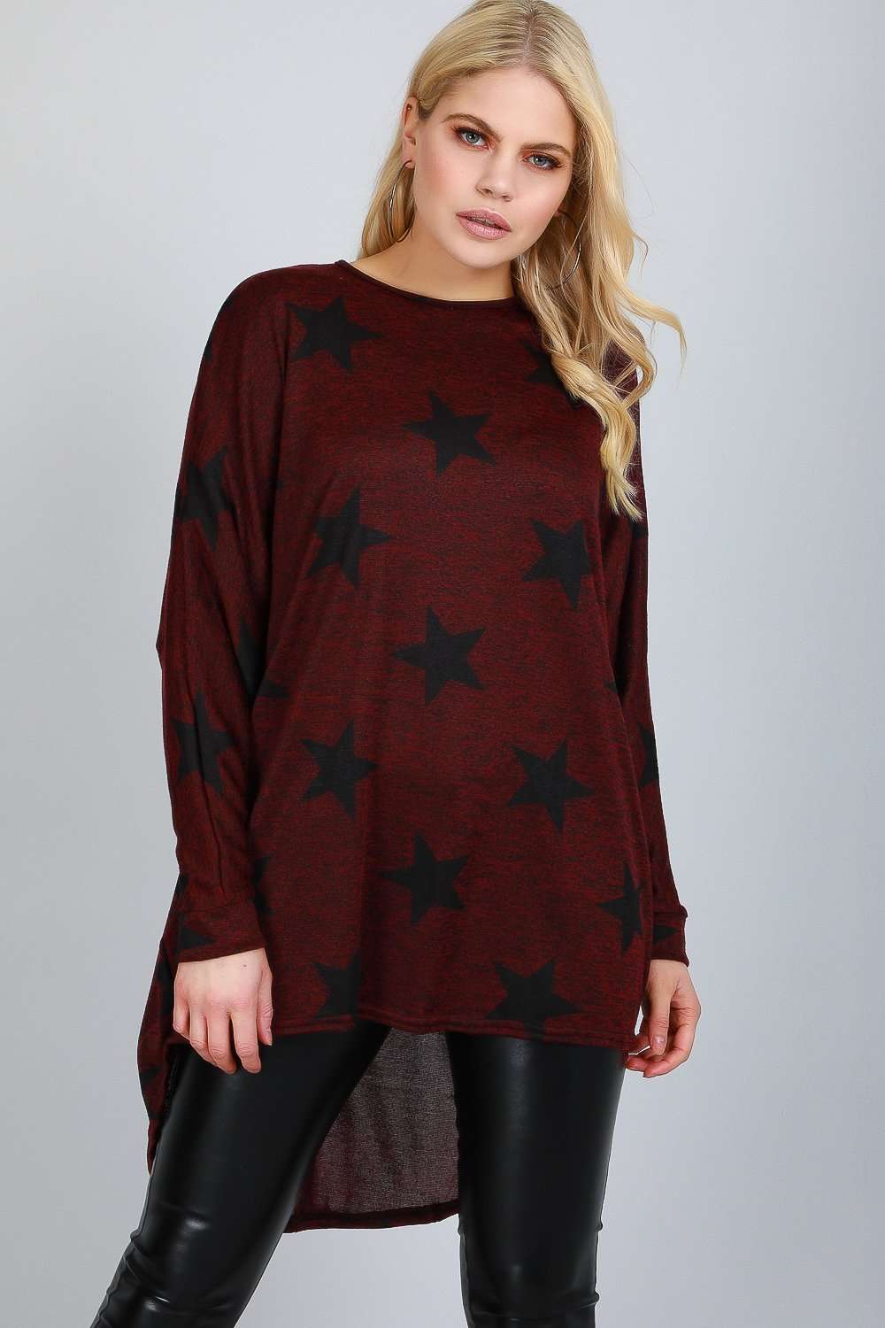 Star Print Dipped Hem Black Batwing Top - bejealous-com