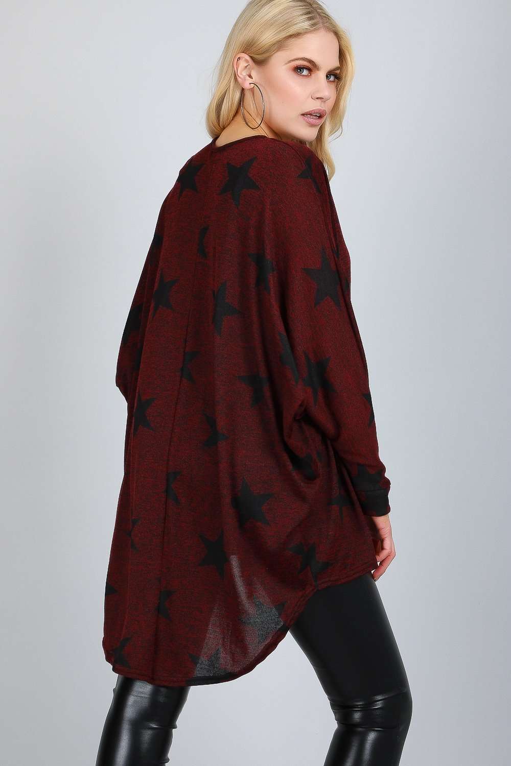 Star Print Dipped Hem Black Batwing Top - bejealous-com