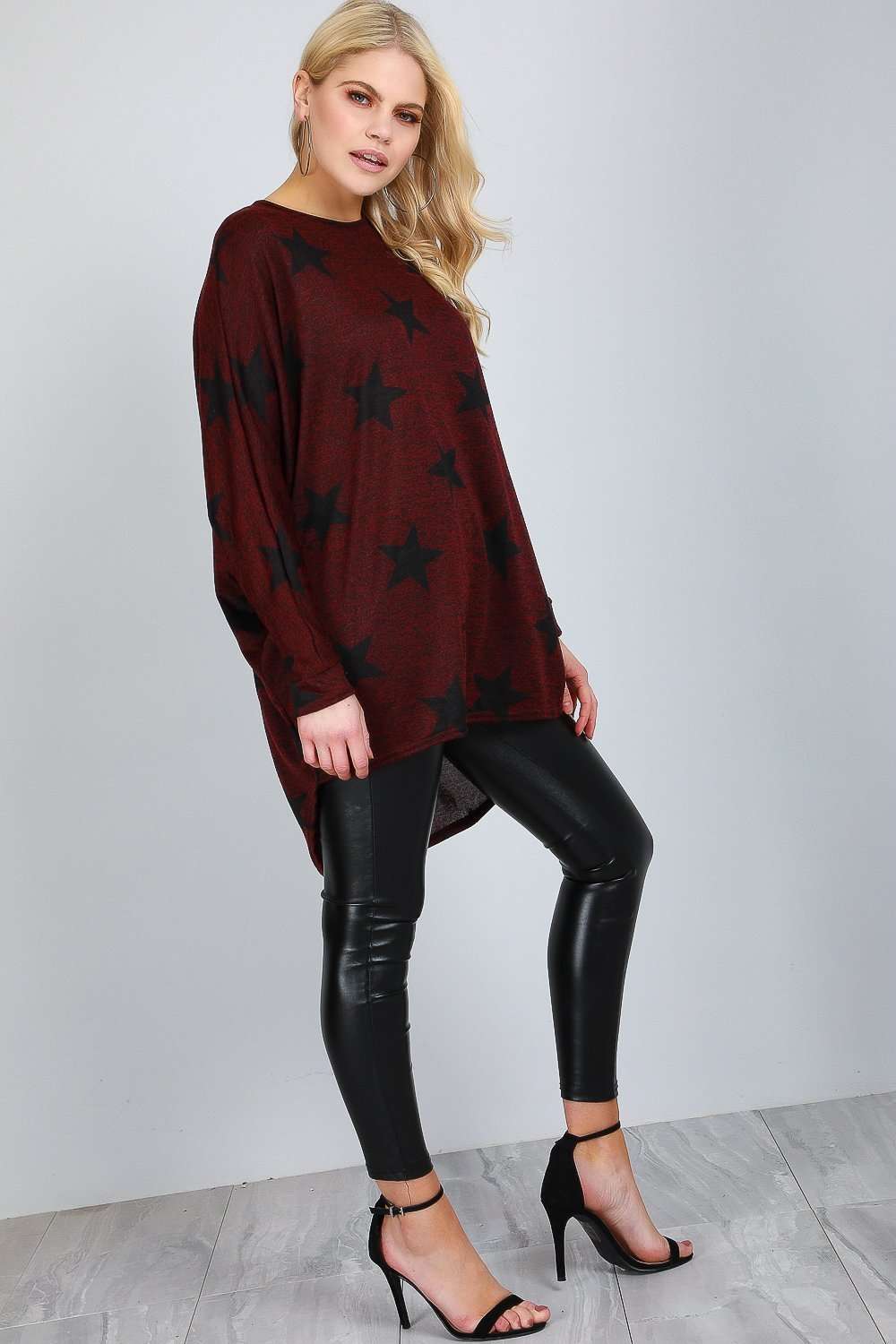 Star Print Dipped Hem Black Batwing Top - bejealous-com