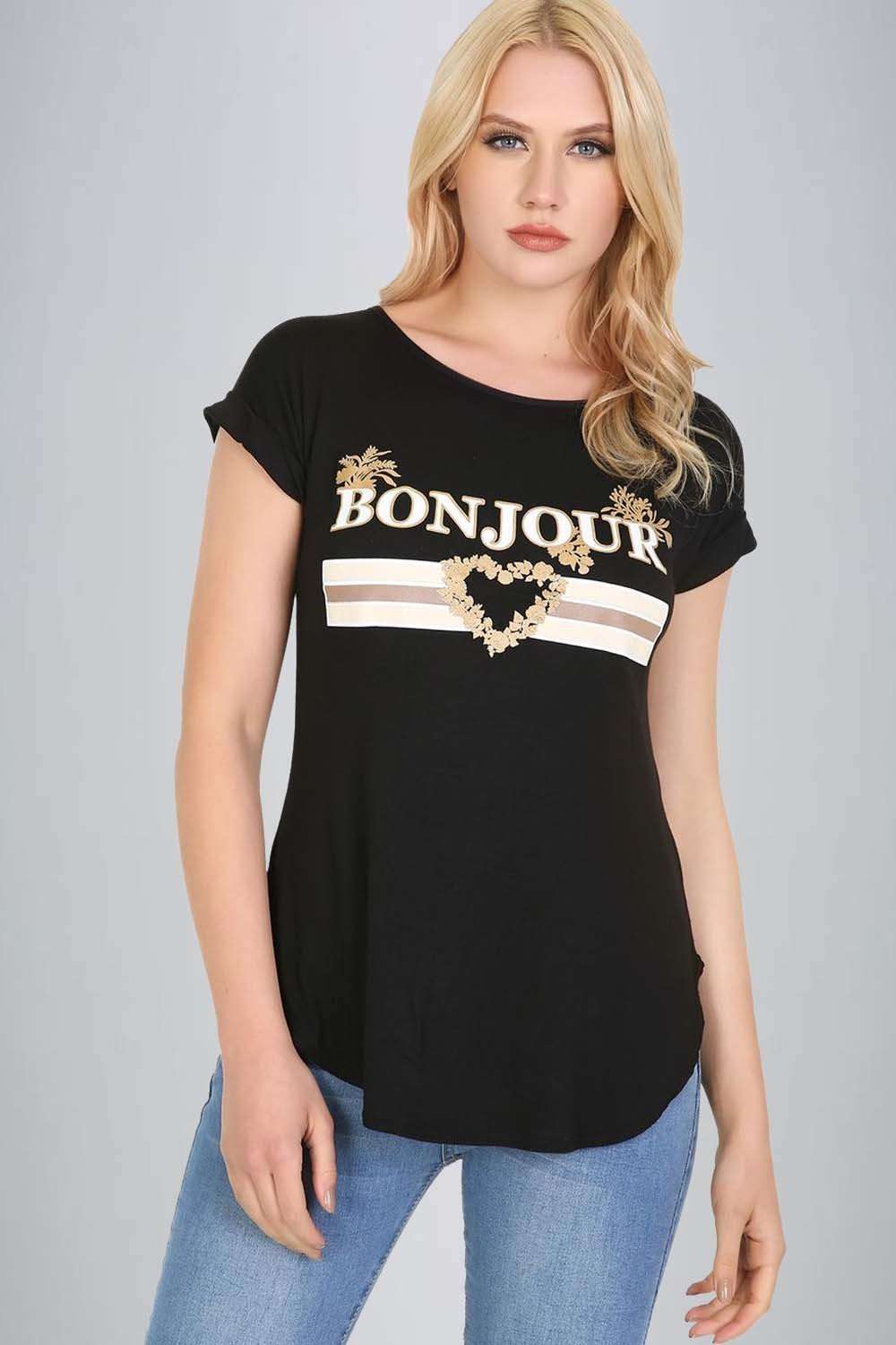 Julia Bonjour Slogan Print Curved Hem Tshirt - bejealous-com