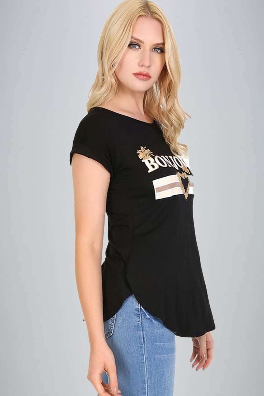 Julia Bonjour Slogan Print Curved Hem Tshirt - bejealous-com