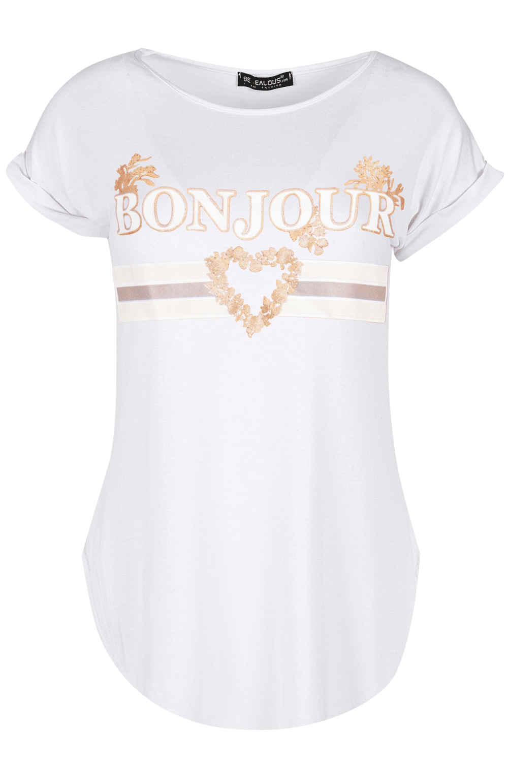 Julia Bonjour Slogan Print Curved Hem Tshirt - bejealous-com