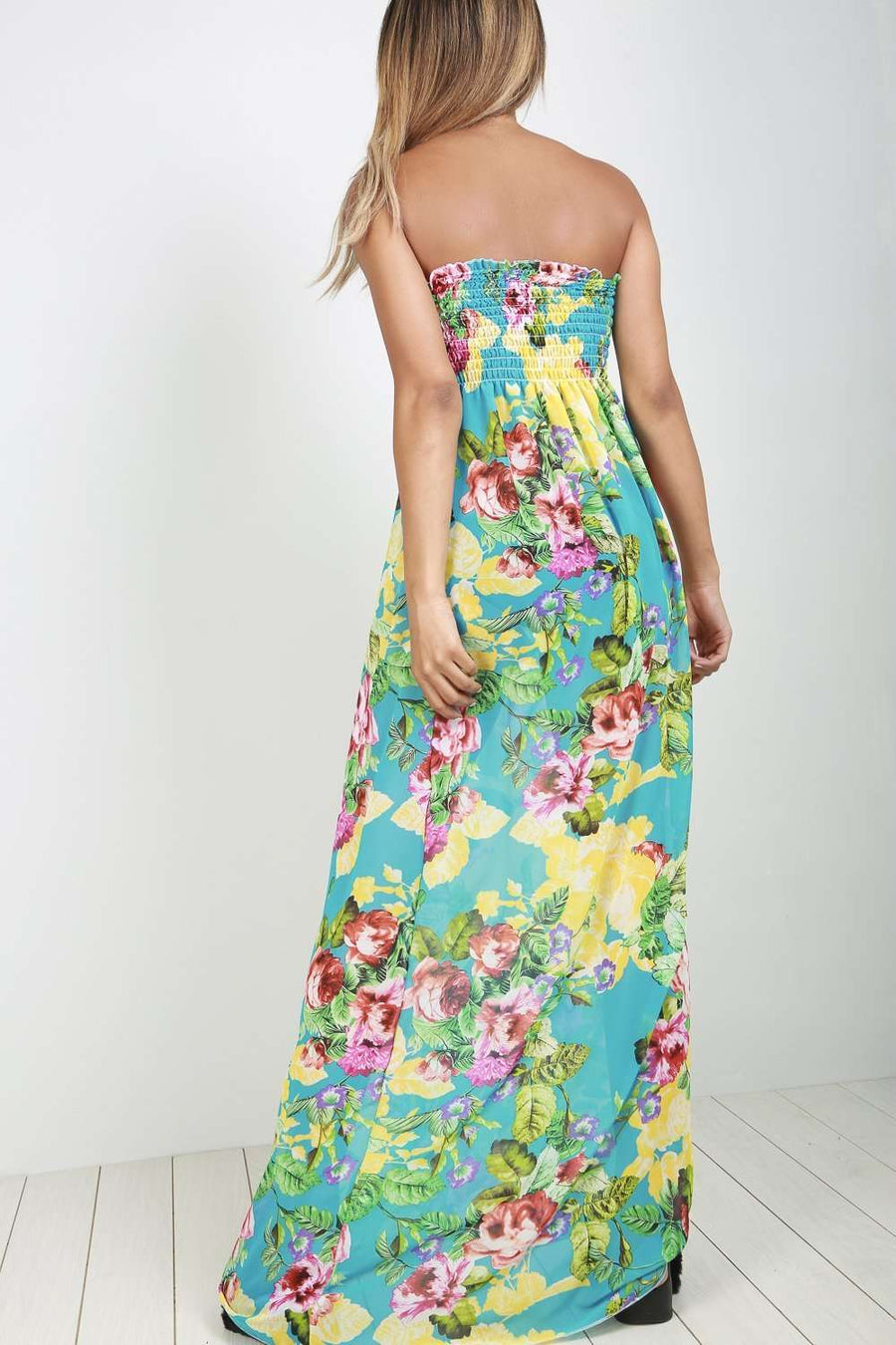 Kalis Bandeau Floral Print Chiffon Maxi Dress - bejealous-com