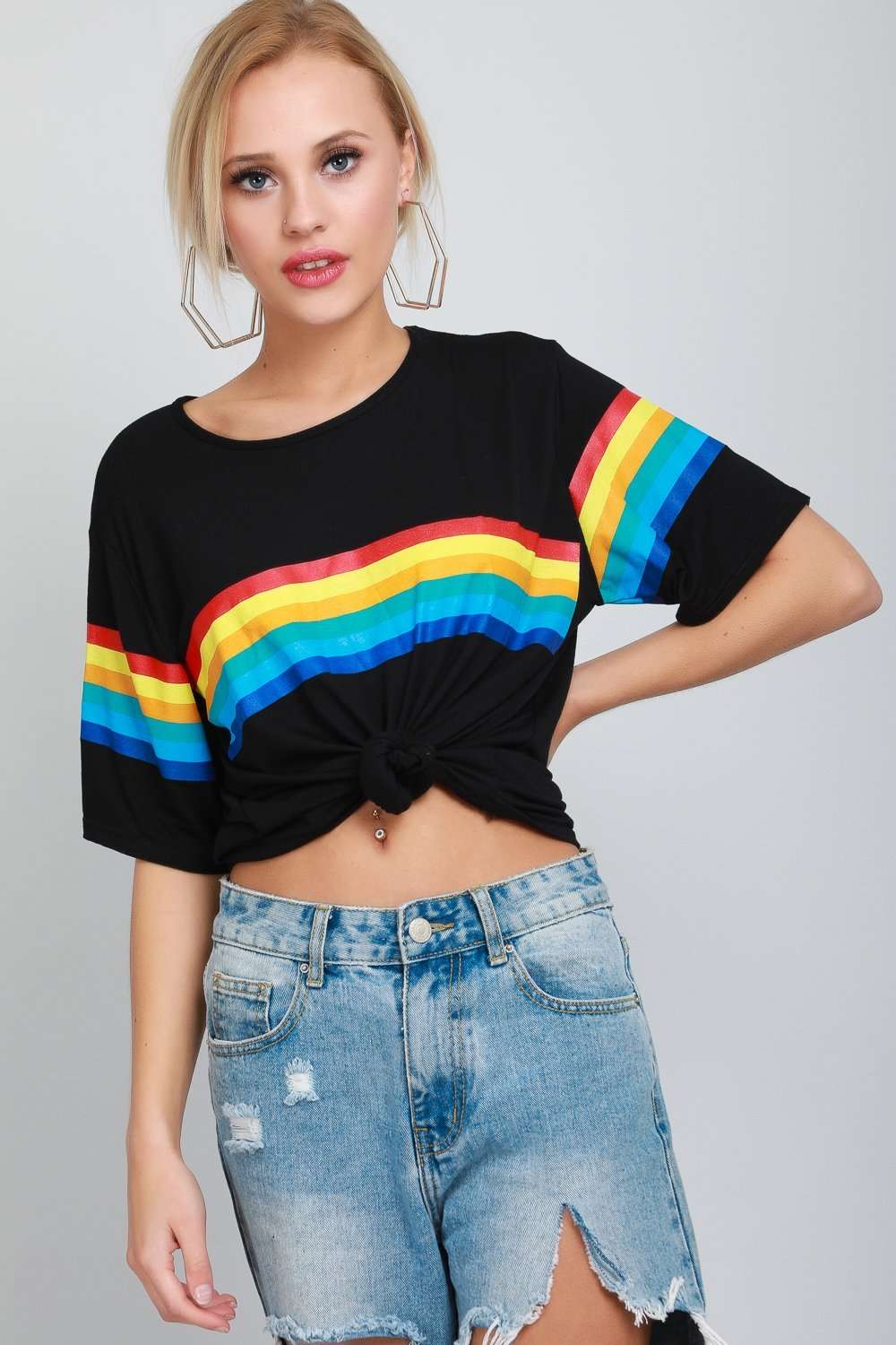 Katie Rainbow Striped Oversized Jersey Tshirt - bejealous-com