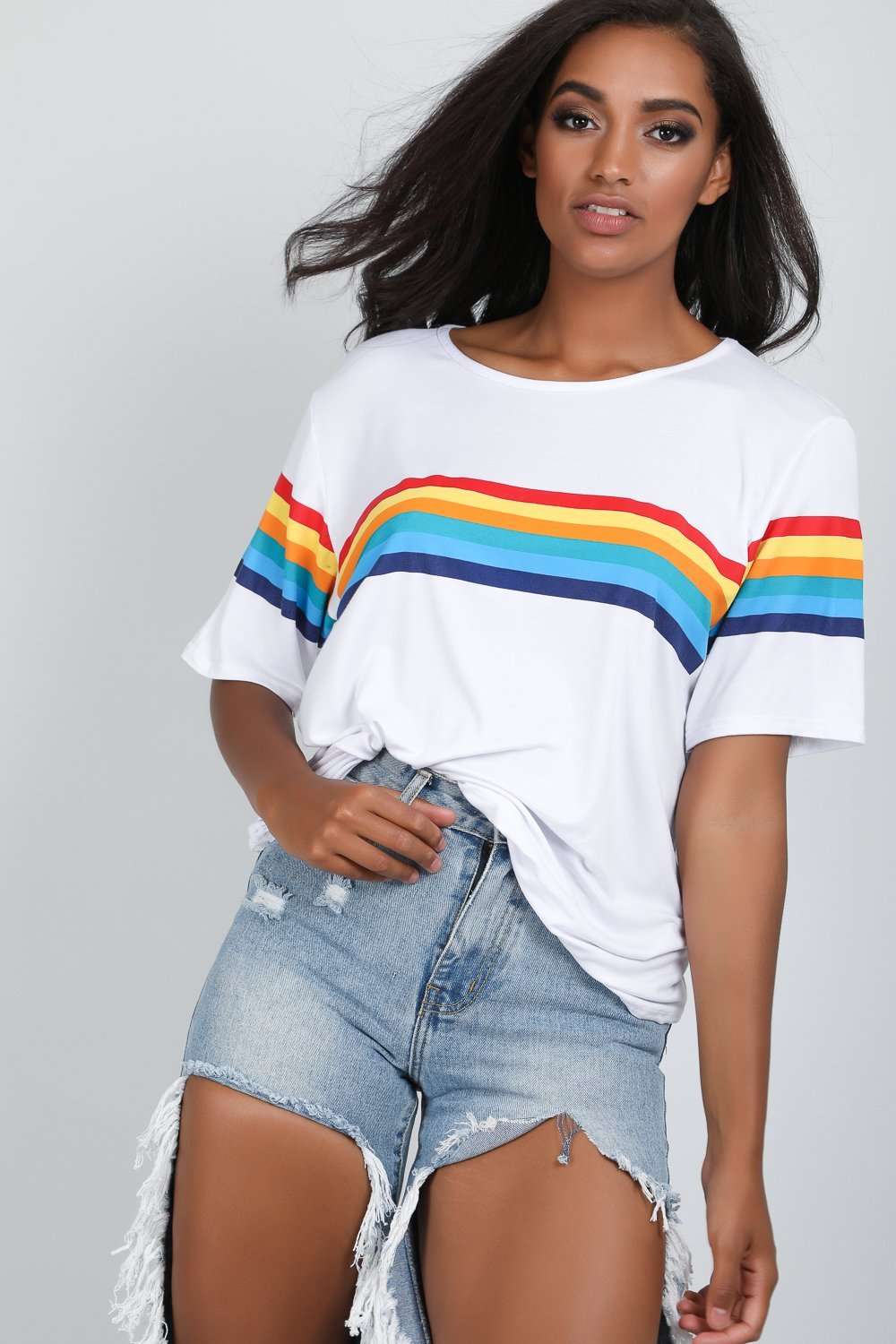 Katie Rainbow Striped Oversized Jersey Tshirt - bejealous-com