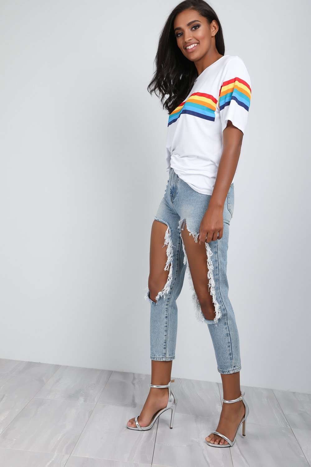 Katie Rainbow Striped Oversized Jersey Tshirt - bejealous-com
