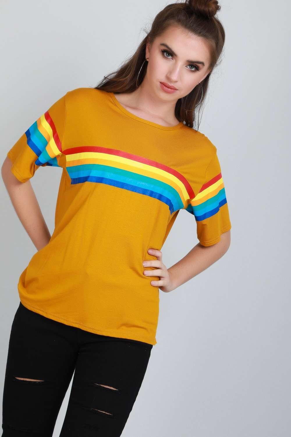 Katie Rainbow Striped Oversized Jersey Tshirt - bejealous-com
