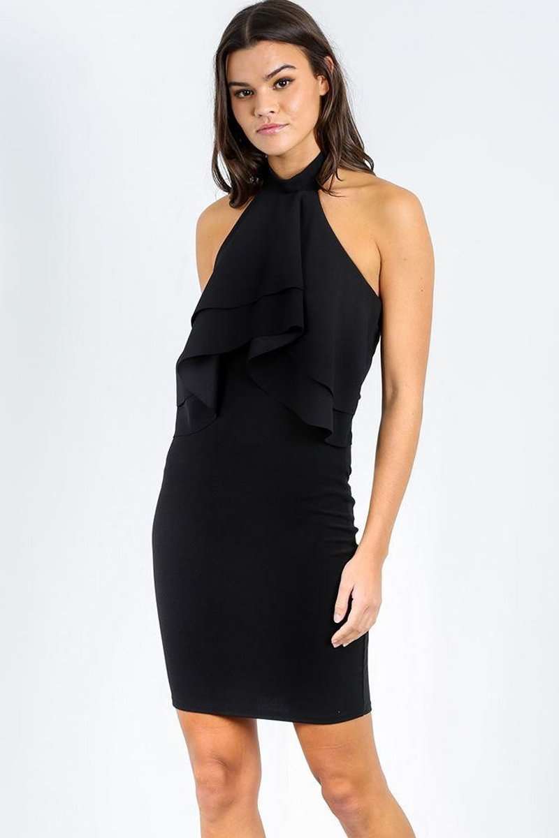 Katiya Halterneck Frilly Bodycon Mini Dress - bejealous-com