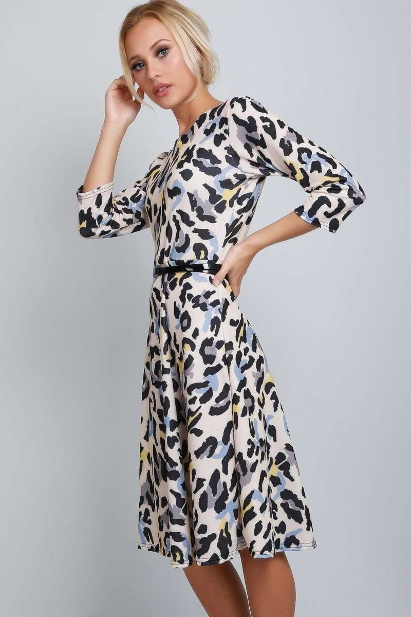 Keely Long Sleeve Leopard Print Midi Swing Dress - bejealous-com