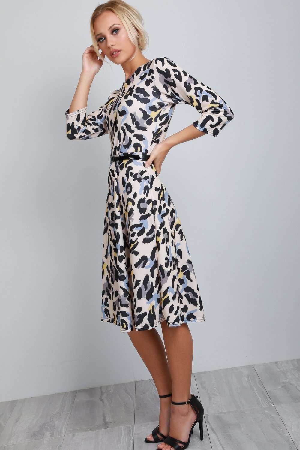 Keely Long Sleeve Leopard Print Midi Swing Dress - bejealous-com