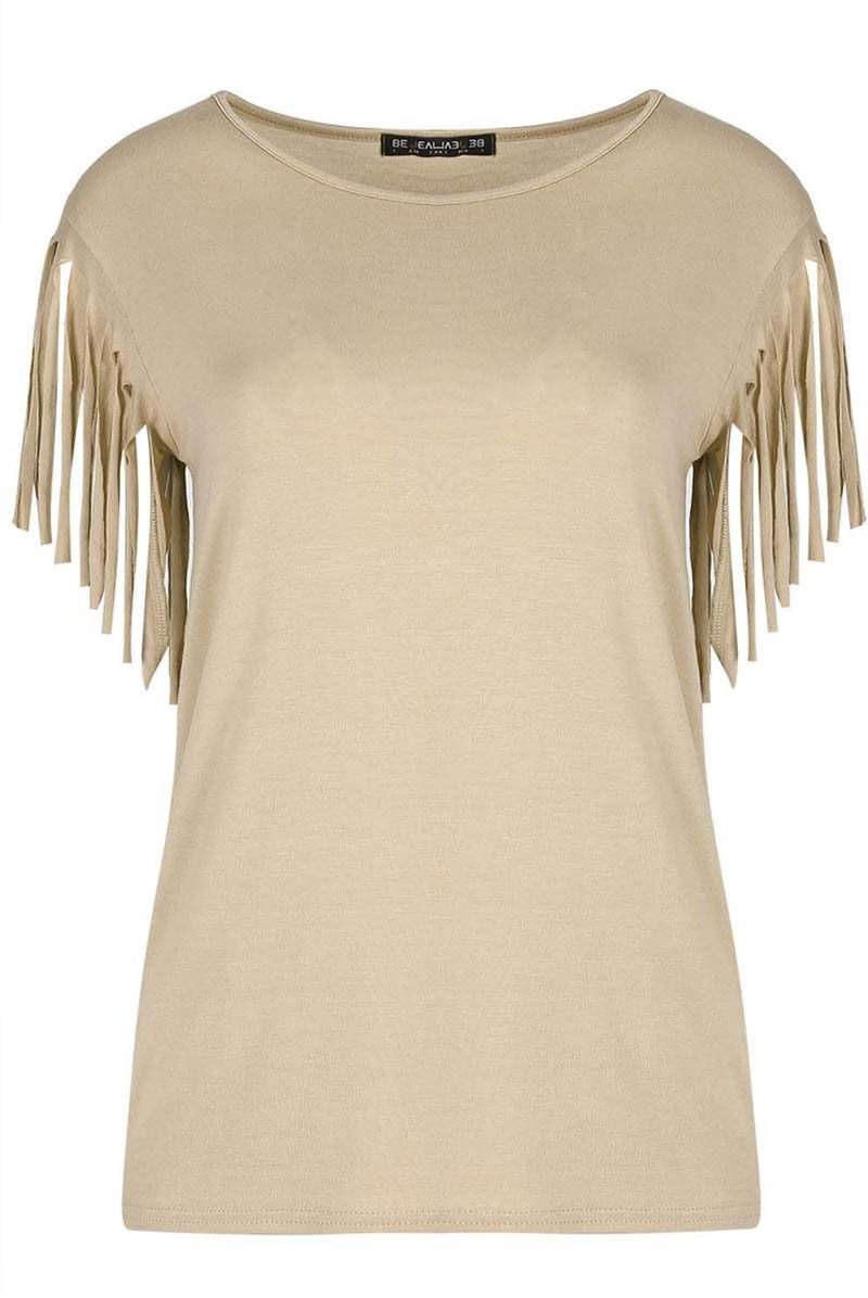 Khaki Fringe Sleeve Oversized Basic Tshirt - bejealous-com