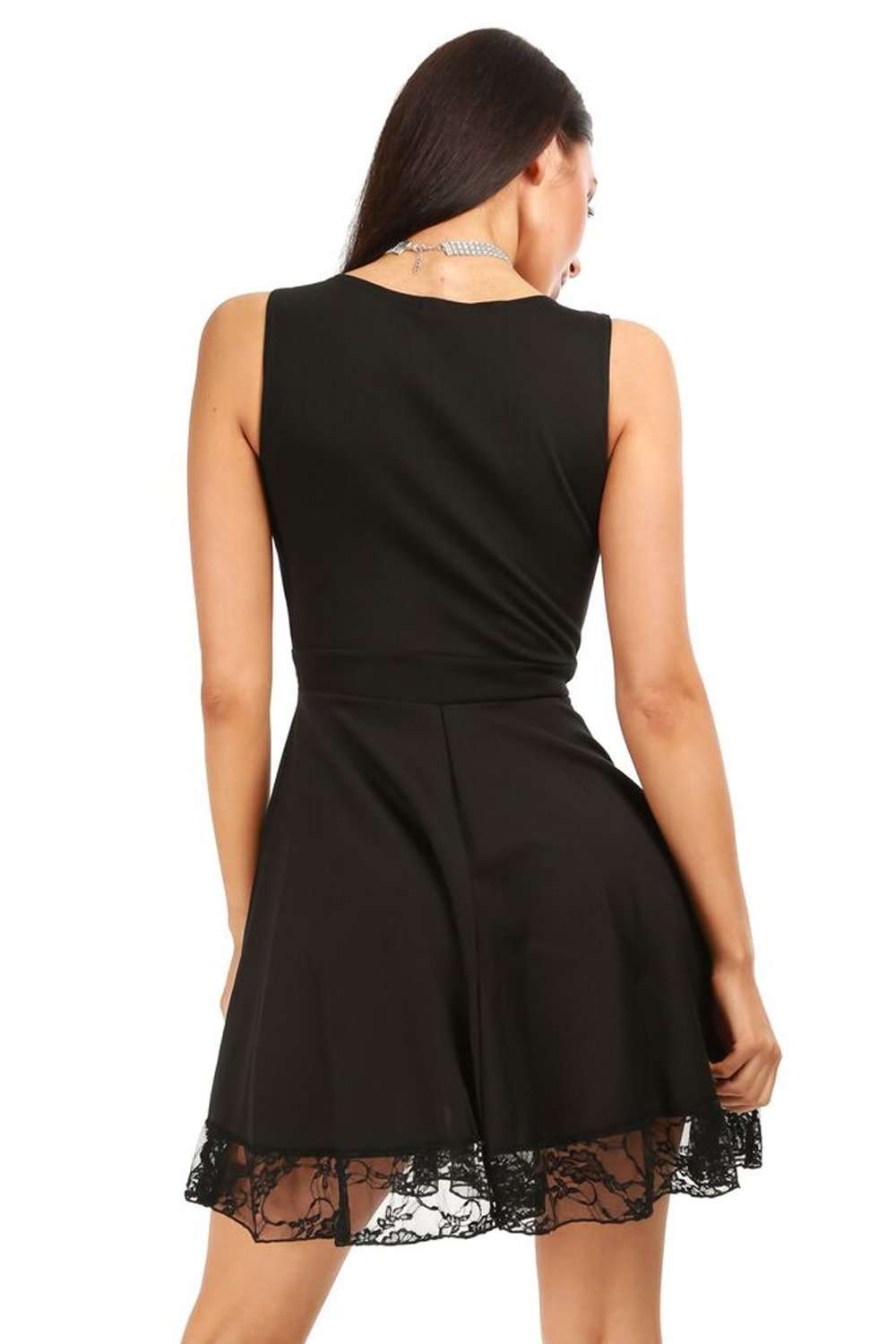 Khaki Lace Insert Sleeveless Mini Skater Dress - bejealous-com