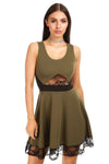 Khaki Lace Insert Sleeveless Mini Skater Dress - bejealous-com