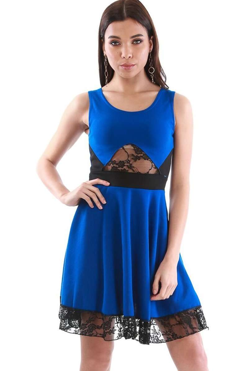 Khaki Lace Insert Sleeveless Mini Skater Dress - bejealous-com