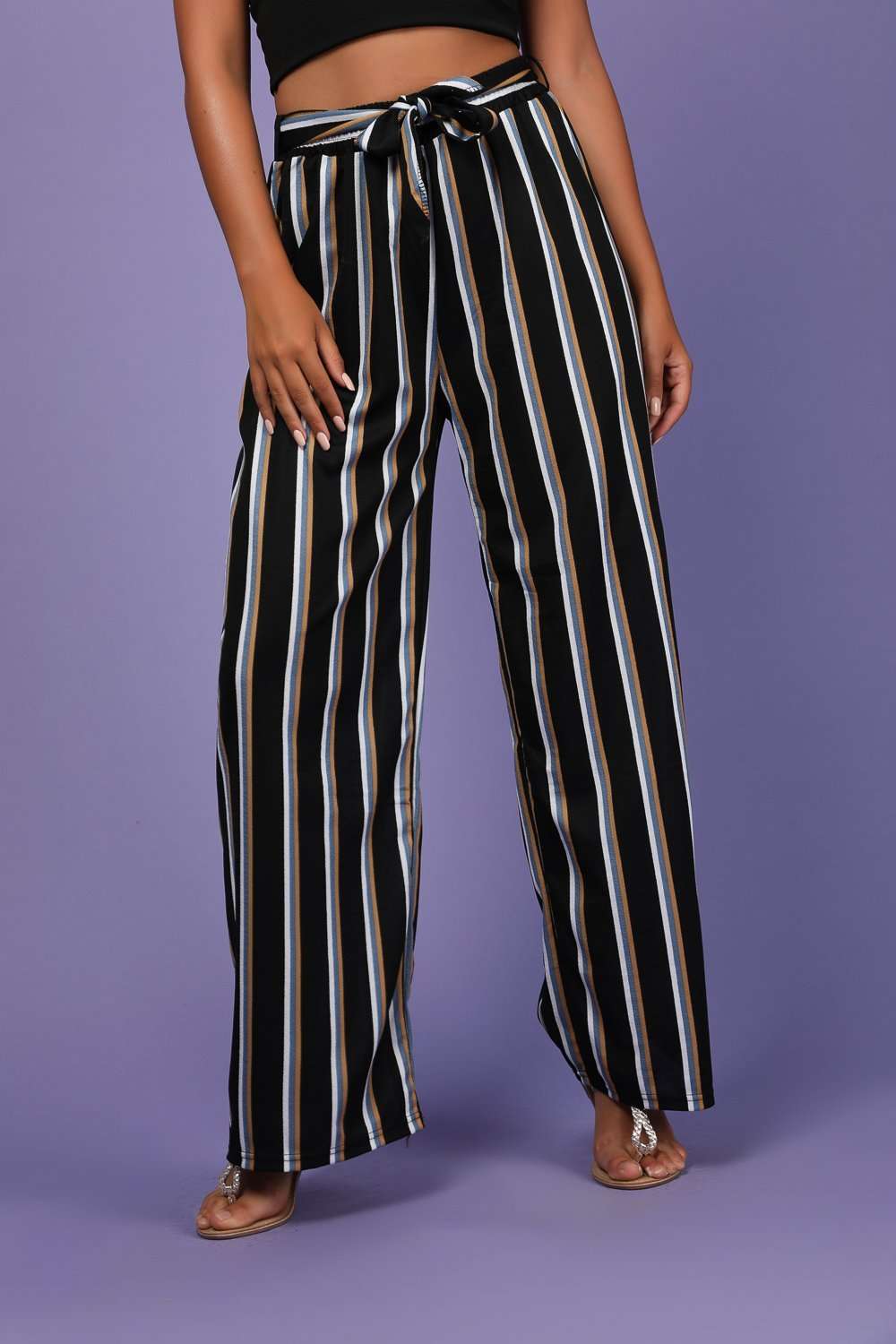 Kris High  Waist Belted Striped Palazzo Pants - bejealous-com