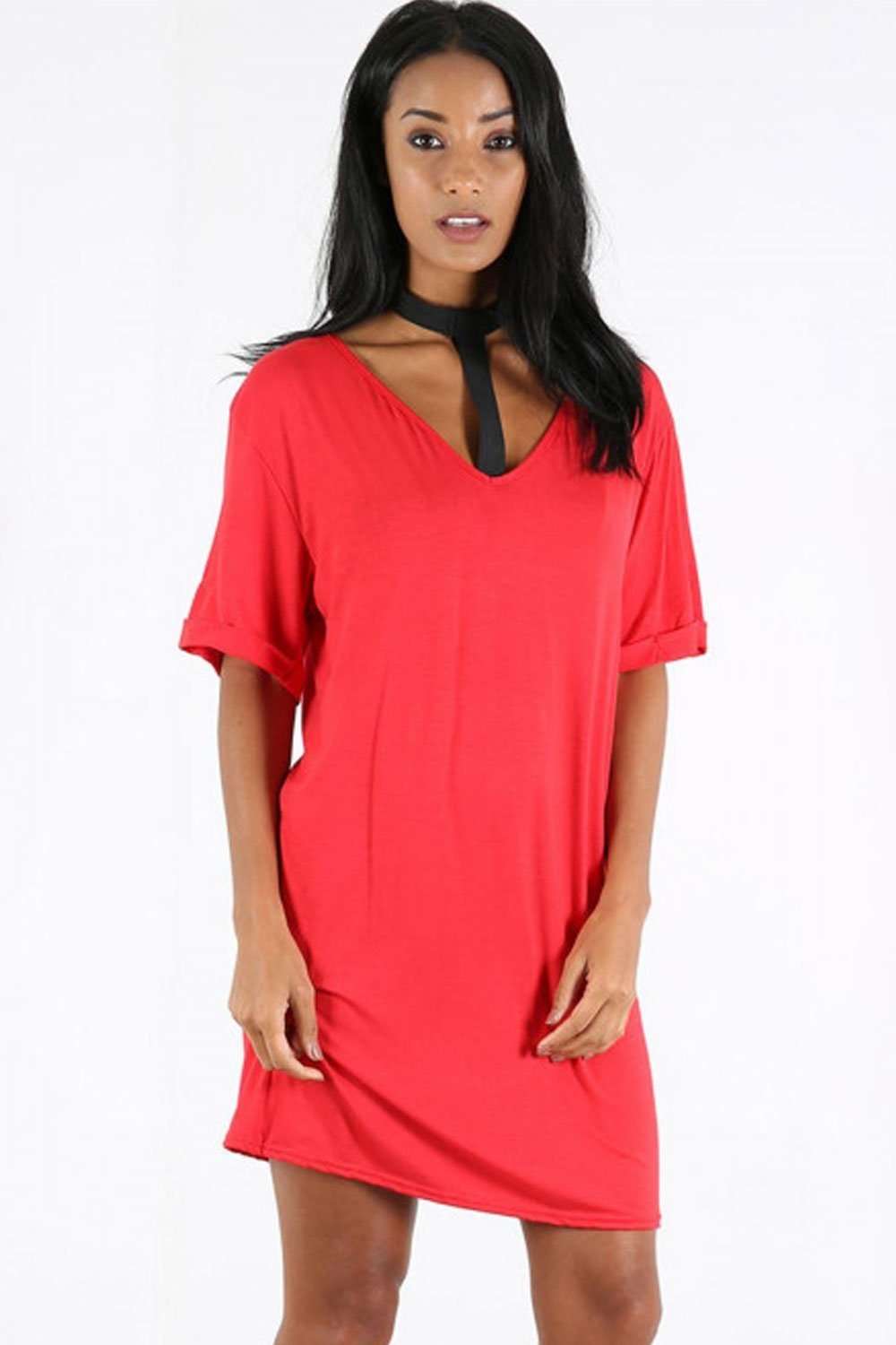 Larna Choker Neck Oversized Jersey Tshirt Dress - bejealous-com