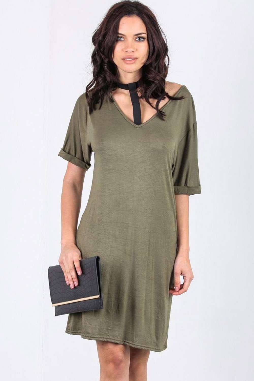 Larna Choker Neck Oversized Jersey Tshirt Dress - bejealous-com