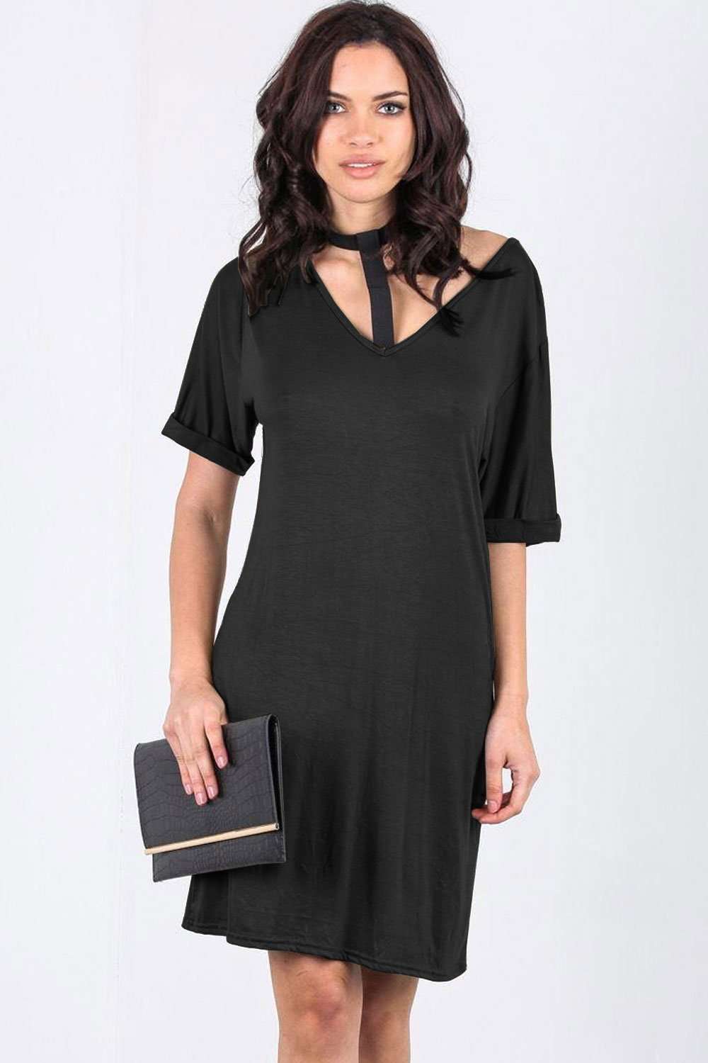 Larna Choker Neck Oversized Jersey Tshirt Dress - bejealous-com