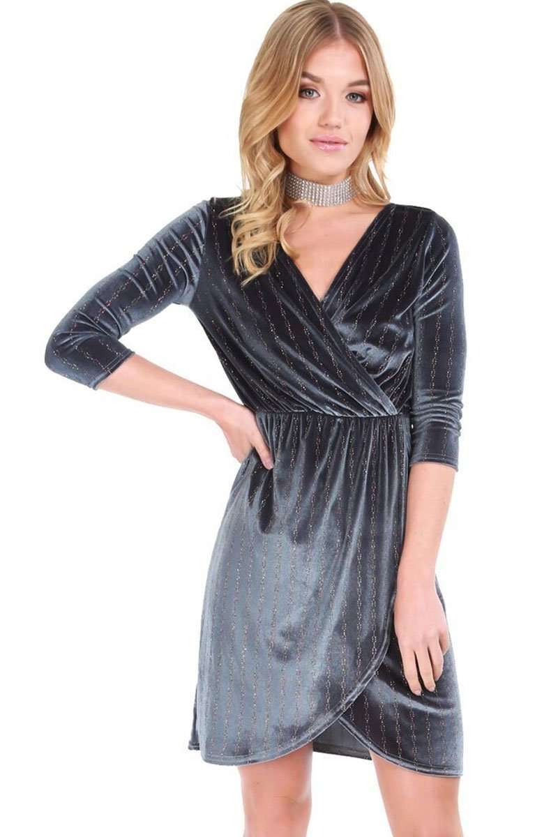 Larna Long Sleeve Faux Velvet Wrap Dress - bejealous-com