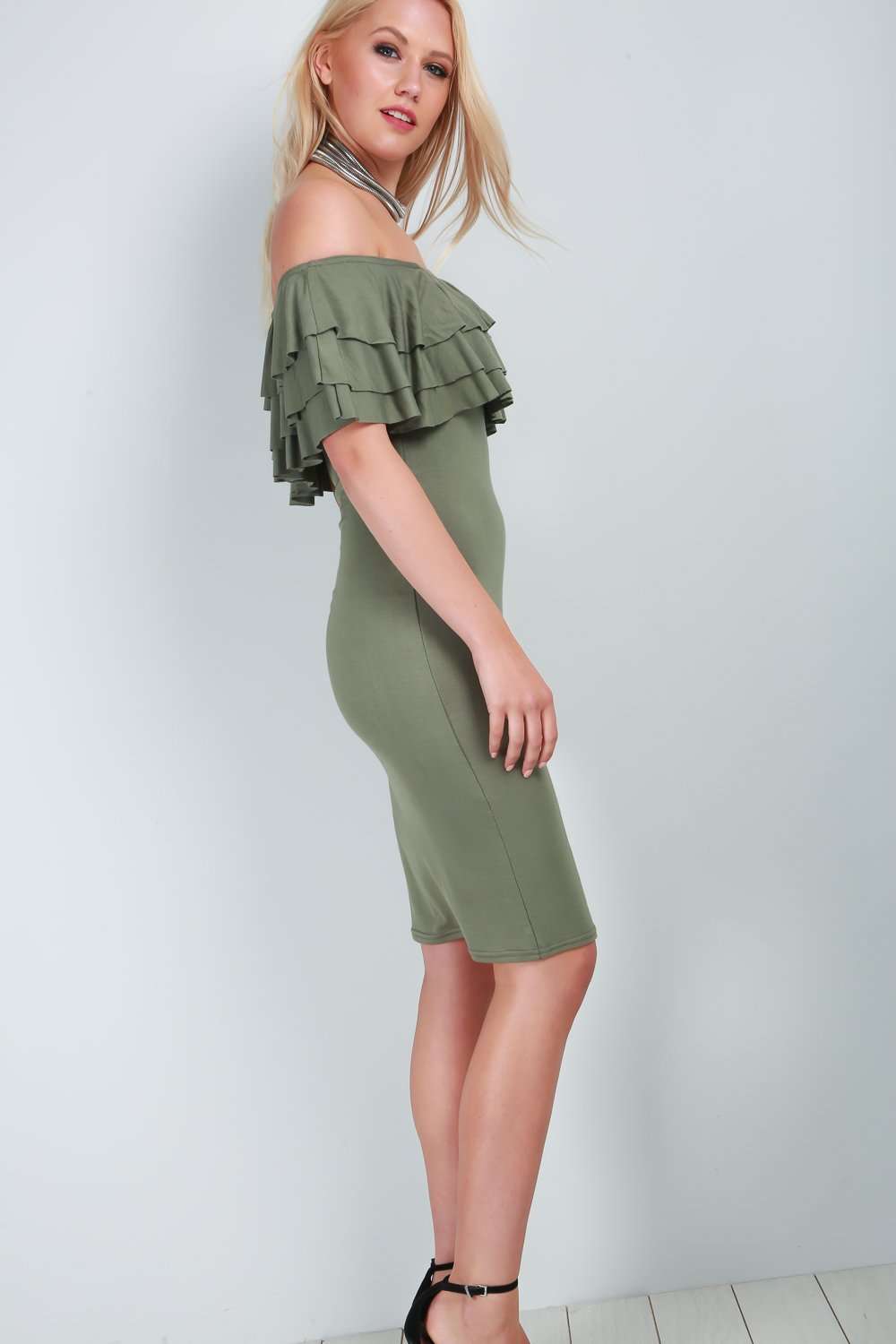 Lassie Bardot Tiered Frill Bodycon Midi Dress - bejealous-com
