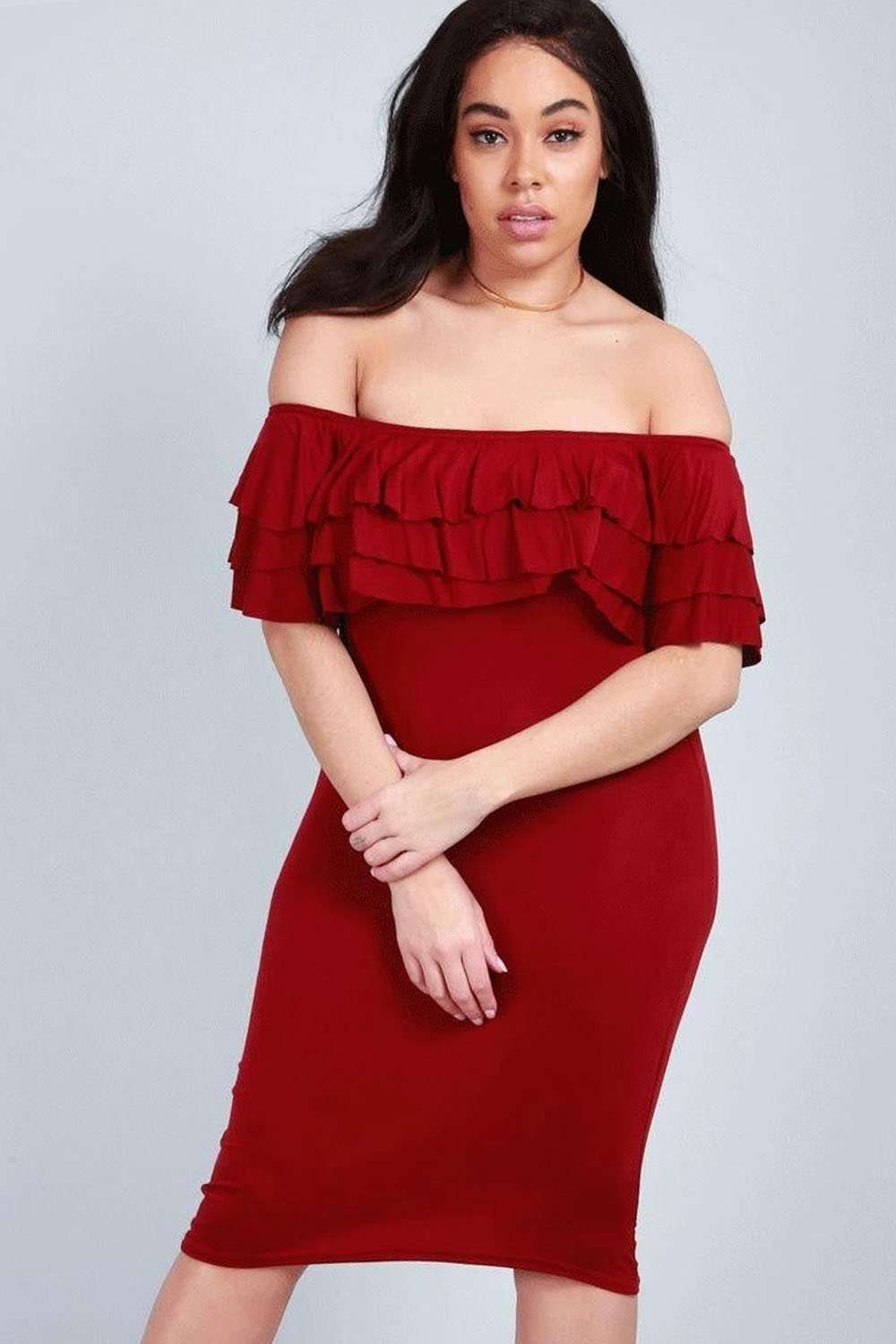 Plus Size Bardot Tiered Frill Bodycon Midi Dress - bejealous-com