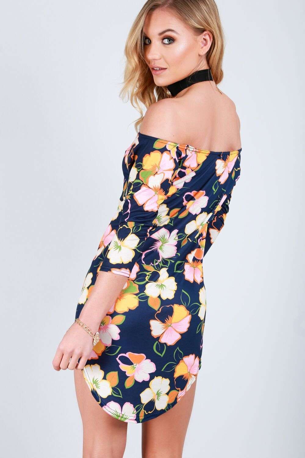Lexi Bardot Floral Curved Hem Bodycon Dress - bejealous-com