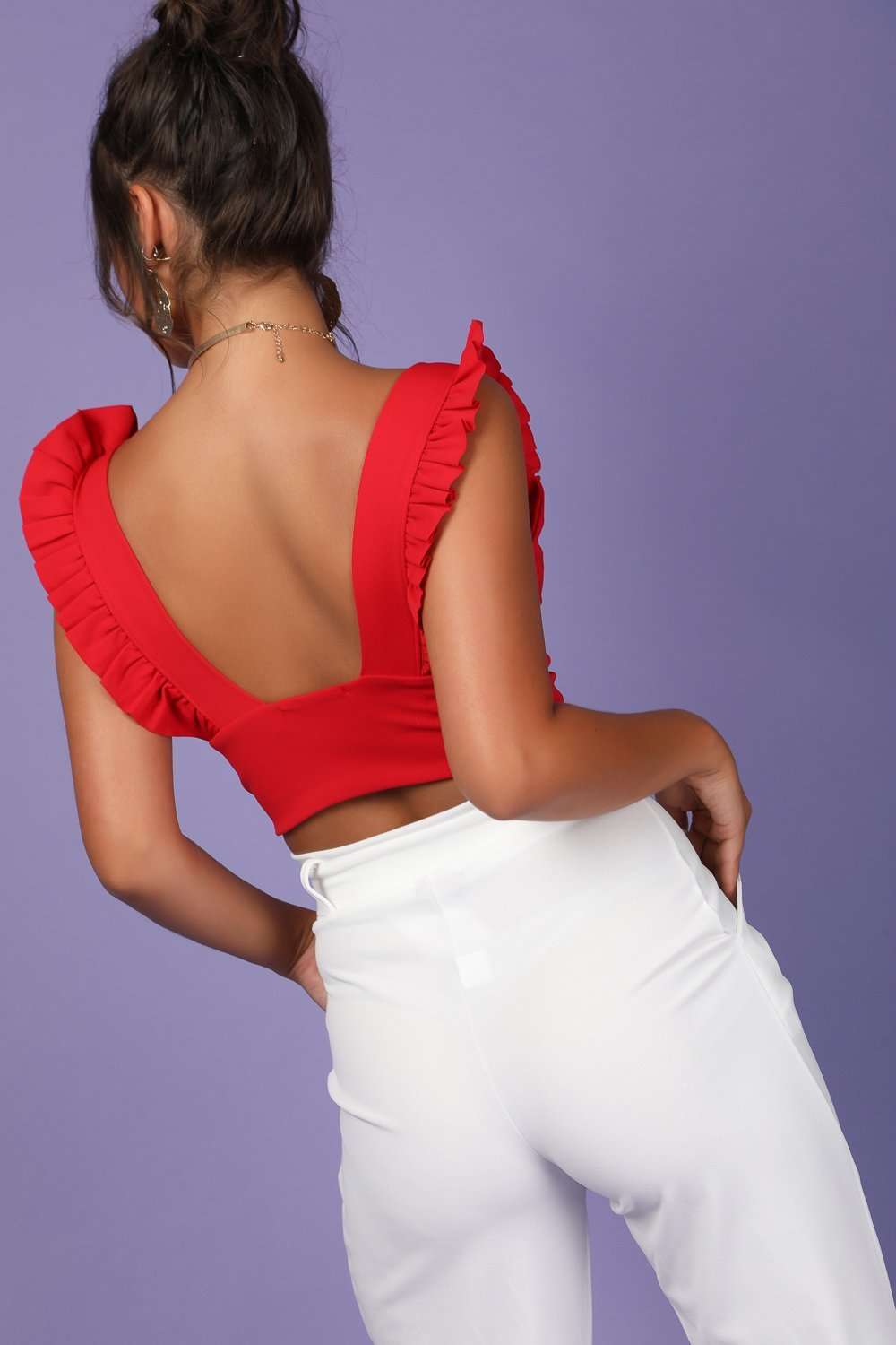Lexi Red Plunge Neck Frilly Crop Top - bejealous-com