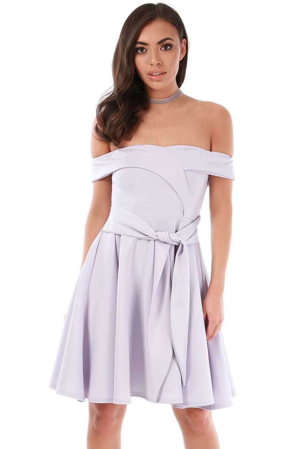 Lilac Off Shoulder Belted Wrap Mini Swing Dress - bejealous-com