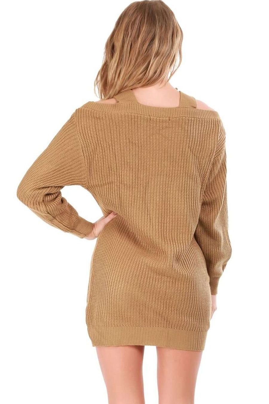 Cold Shoulder Beige Knitted Jumper Dress - bejealous-com