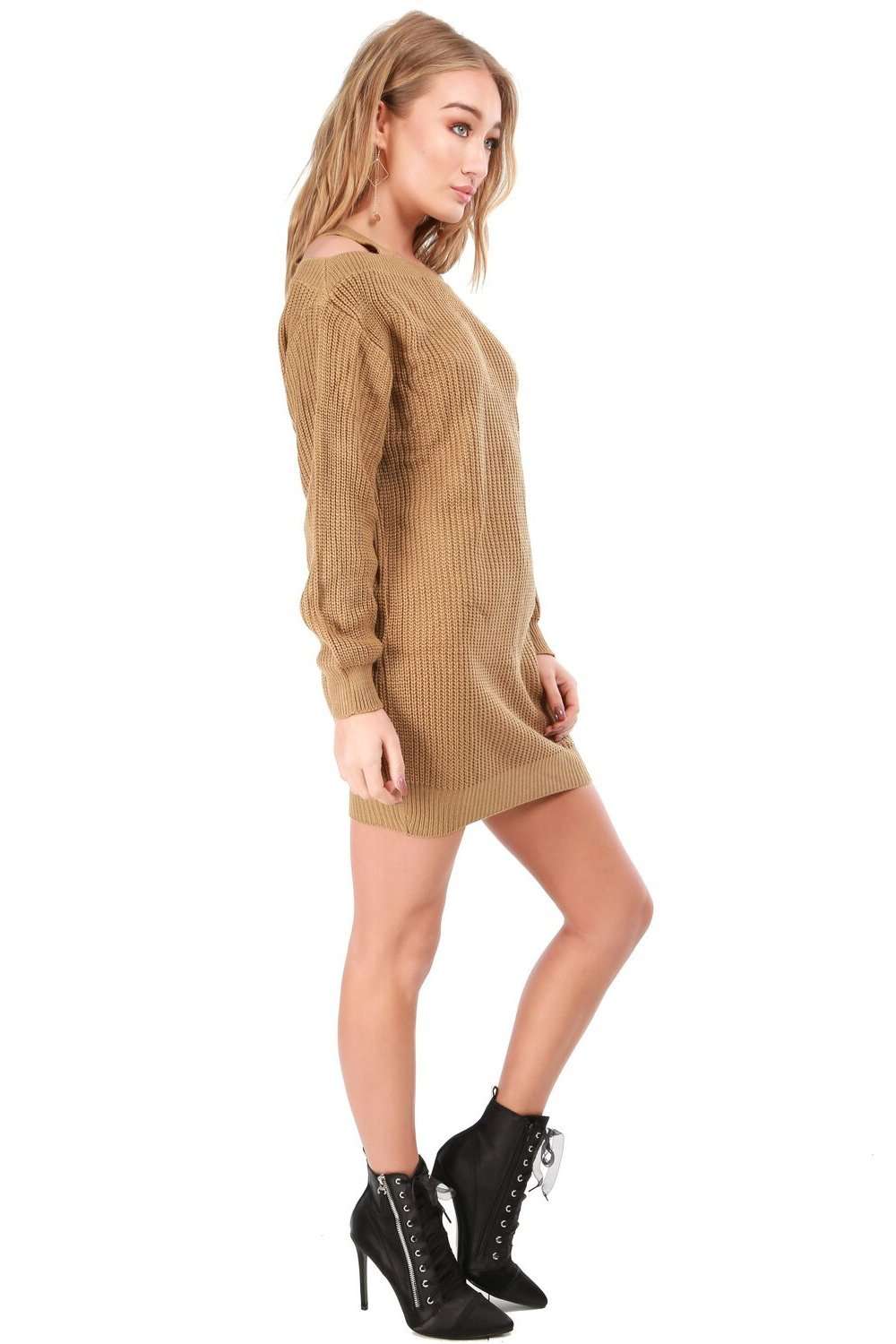 Cold Shoulder Beige Knitted Jumper Dress - bejealous-com