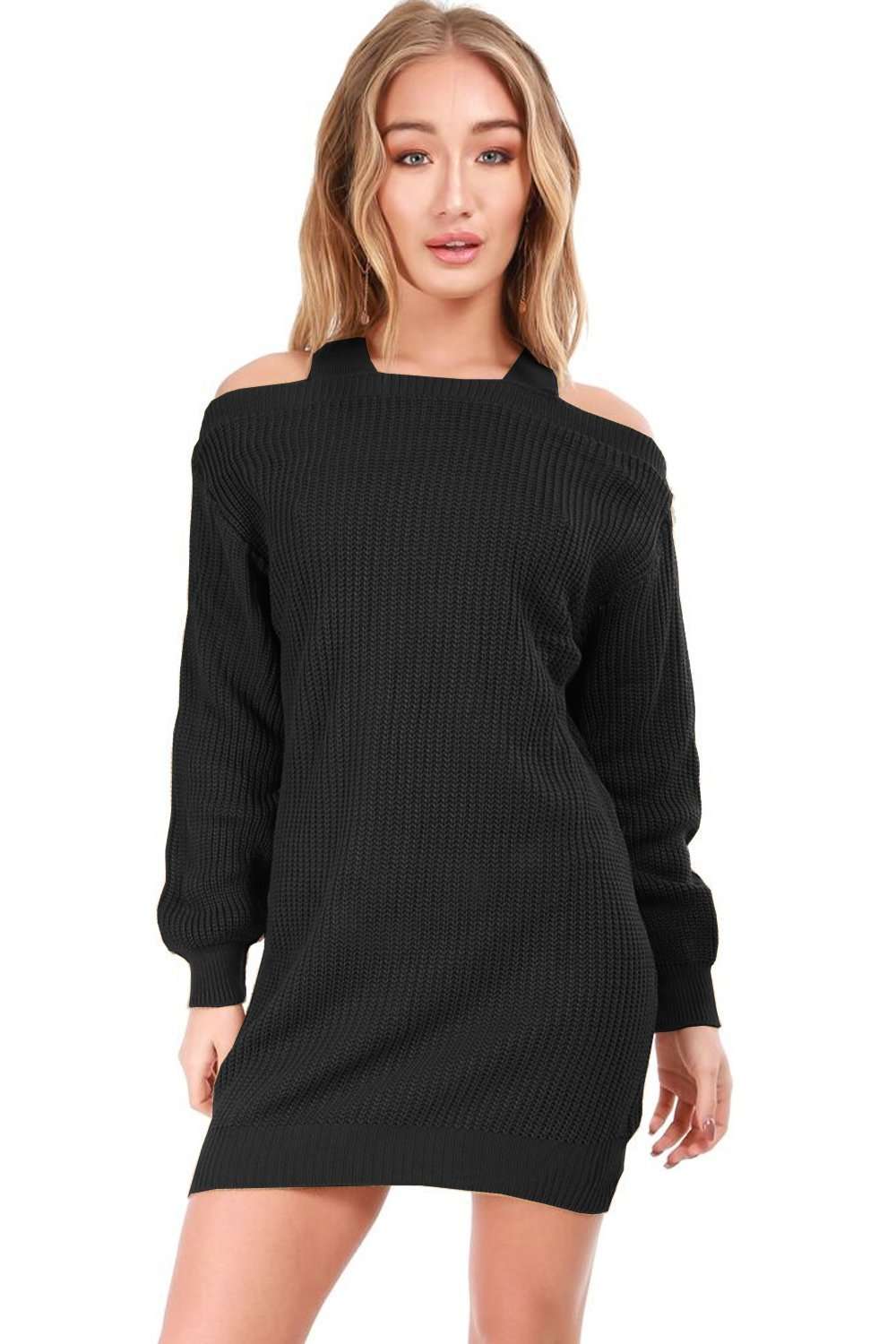 Cold Shoulder Beige Knitted Jumper Dress - bejealous-com