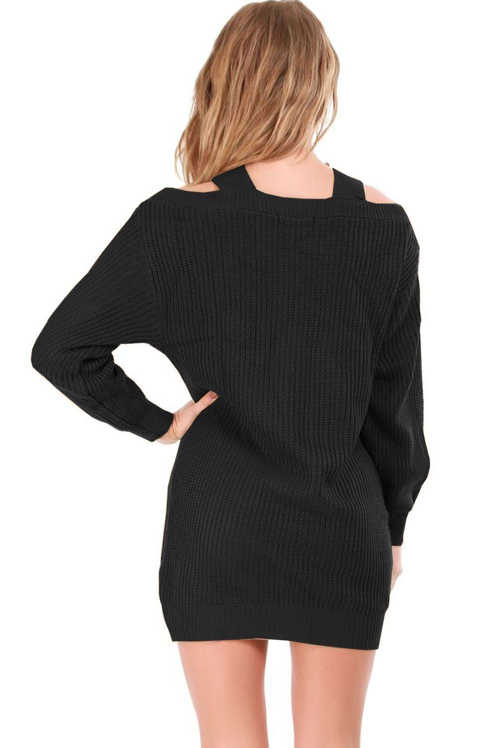 Cold Shoulder Beige Knitted Jumper Dress - bejealous-com