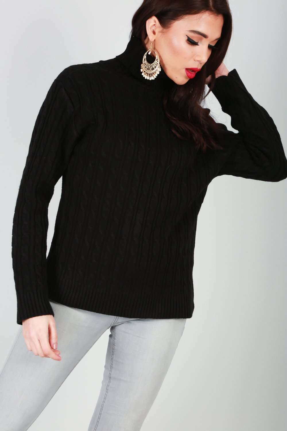 Lily Roll Neck Cable Knit Long Sleeve Jumper - bejealous-com