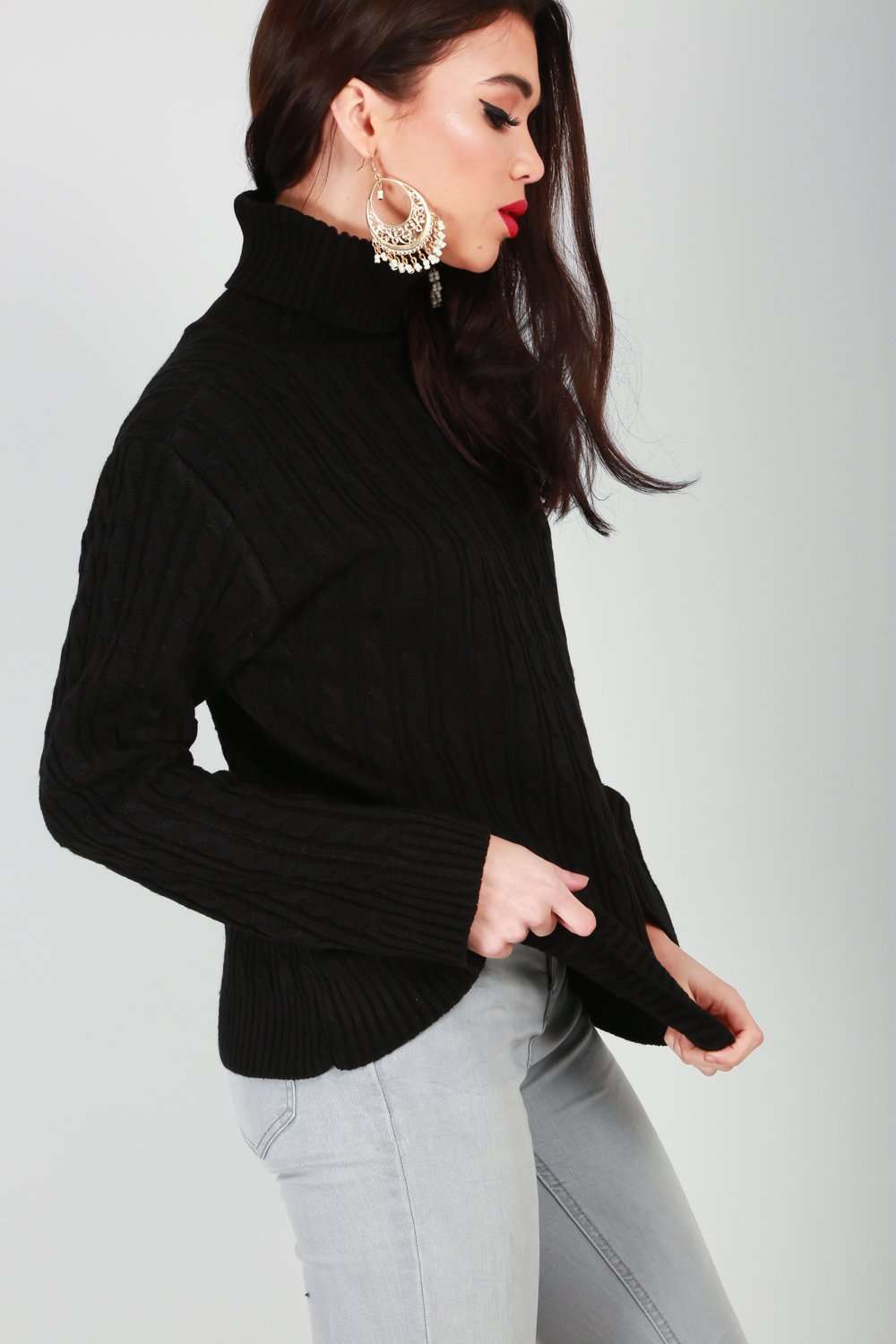 Lily Roll Neck Cable Knit Long Sleeve Jumper - bejealous-com