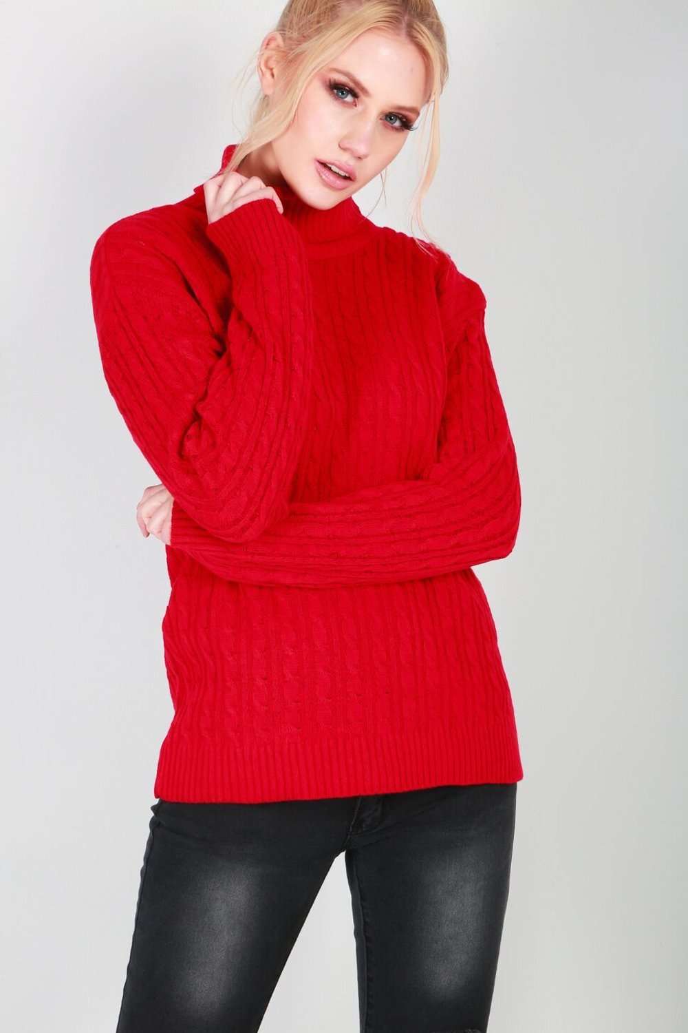 Lily Roll Neck Cable Knit Long Sleeve Jumper - bejealous-com