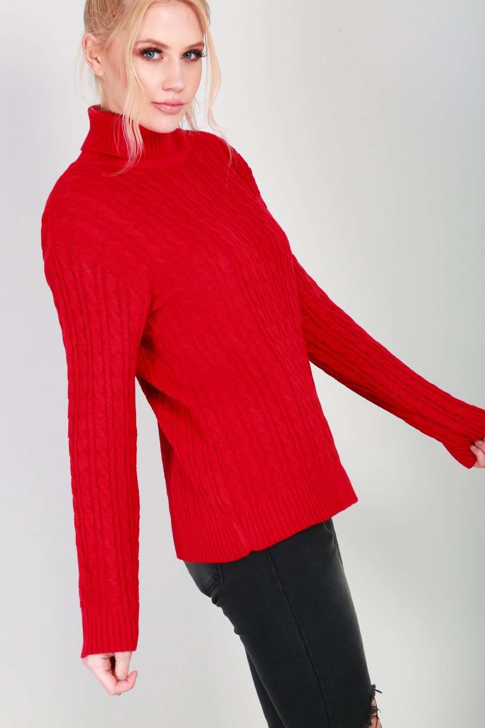 Lily Roll Neck Cable Knit Long Sleeve Jumper - bejealous-com