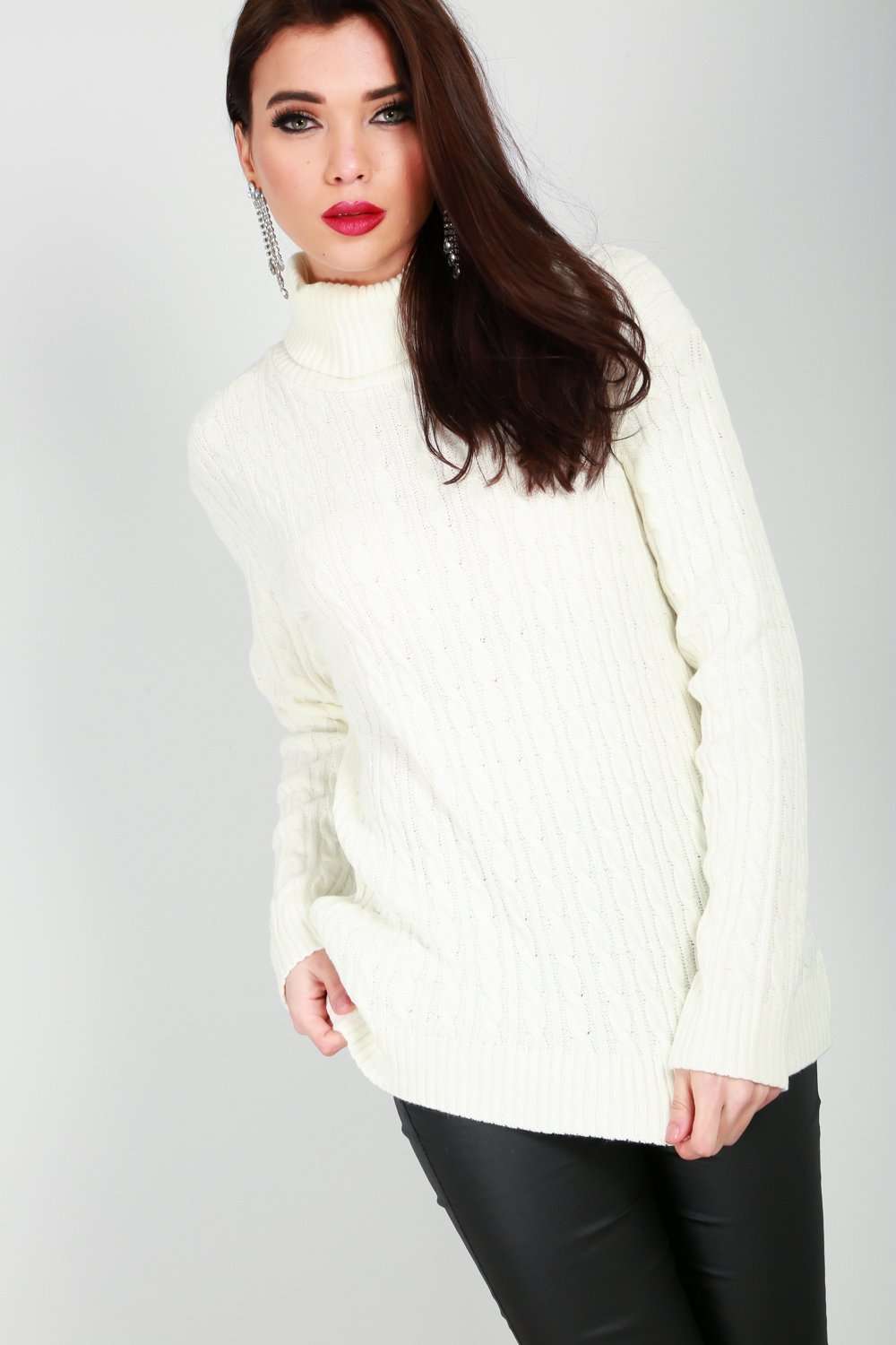 Lily Roll Neck Cable Knit Long Sleeve Jumper - bejealous-com