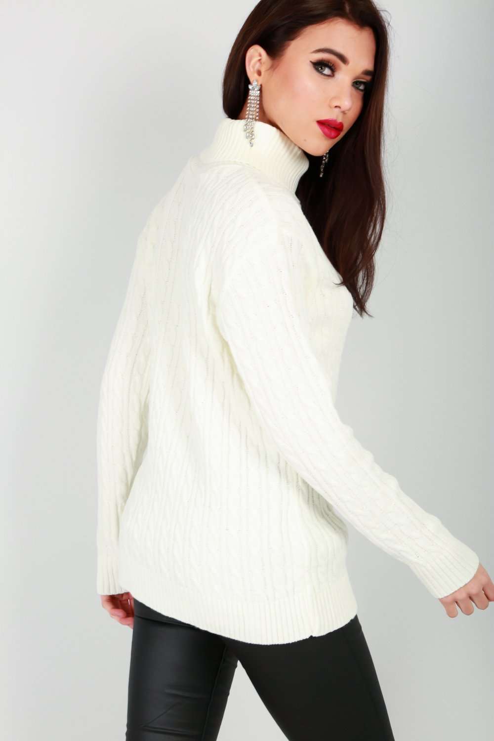 Lily Roll Neck Cable Knit Long Sleeve Jumper - bejealous-com