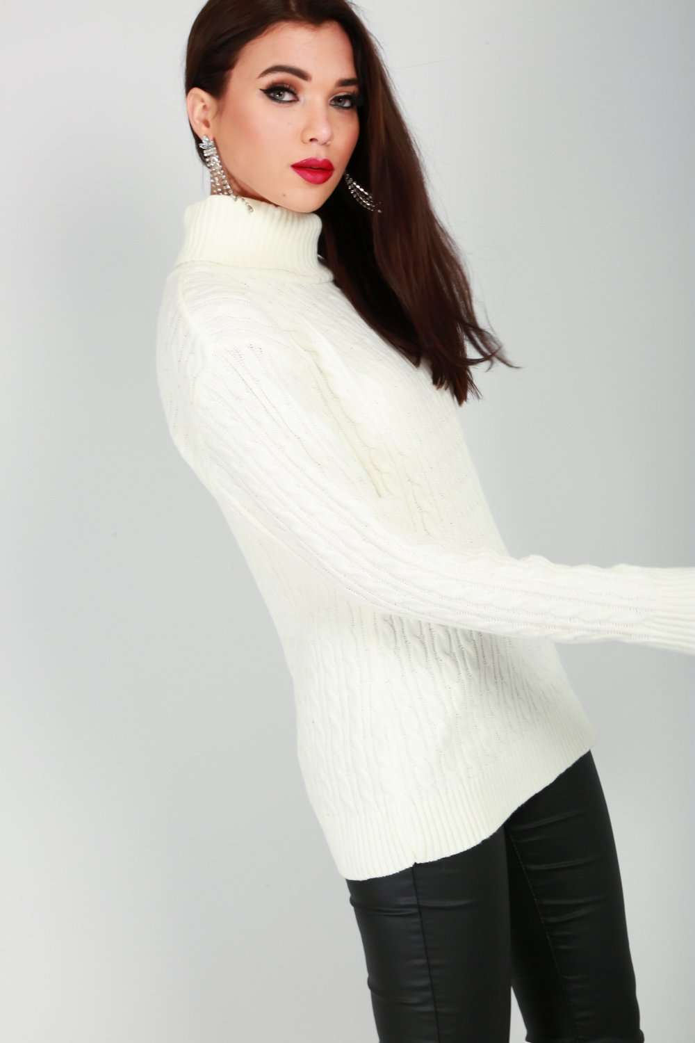 Lily Roll Neck Cable Knit Long Sleeve Jumper - bejealous-com