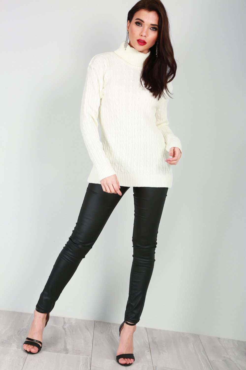 Lily Roll Neck Cable Knit Long Sleeve Jumper - bejealous-com