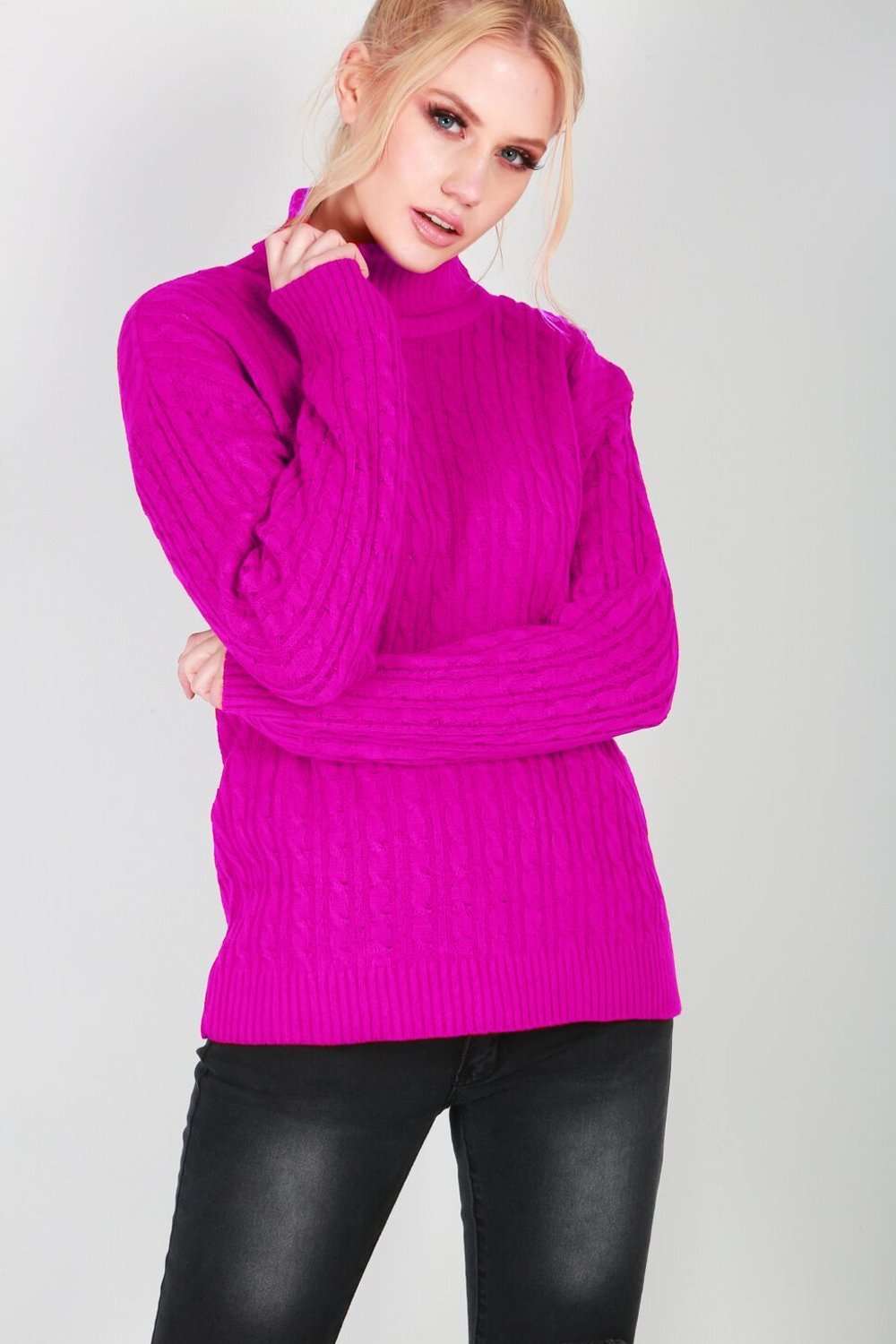 Lily Roll Neck Cable Knit Long Sleeve Jumper - bejealous-com