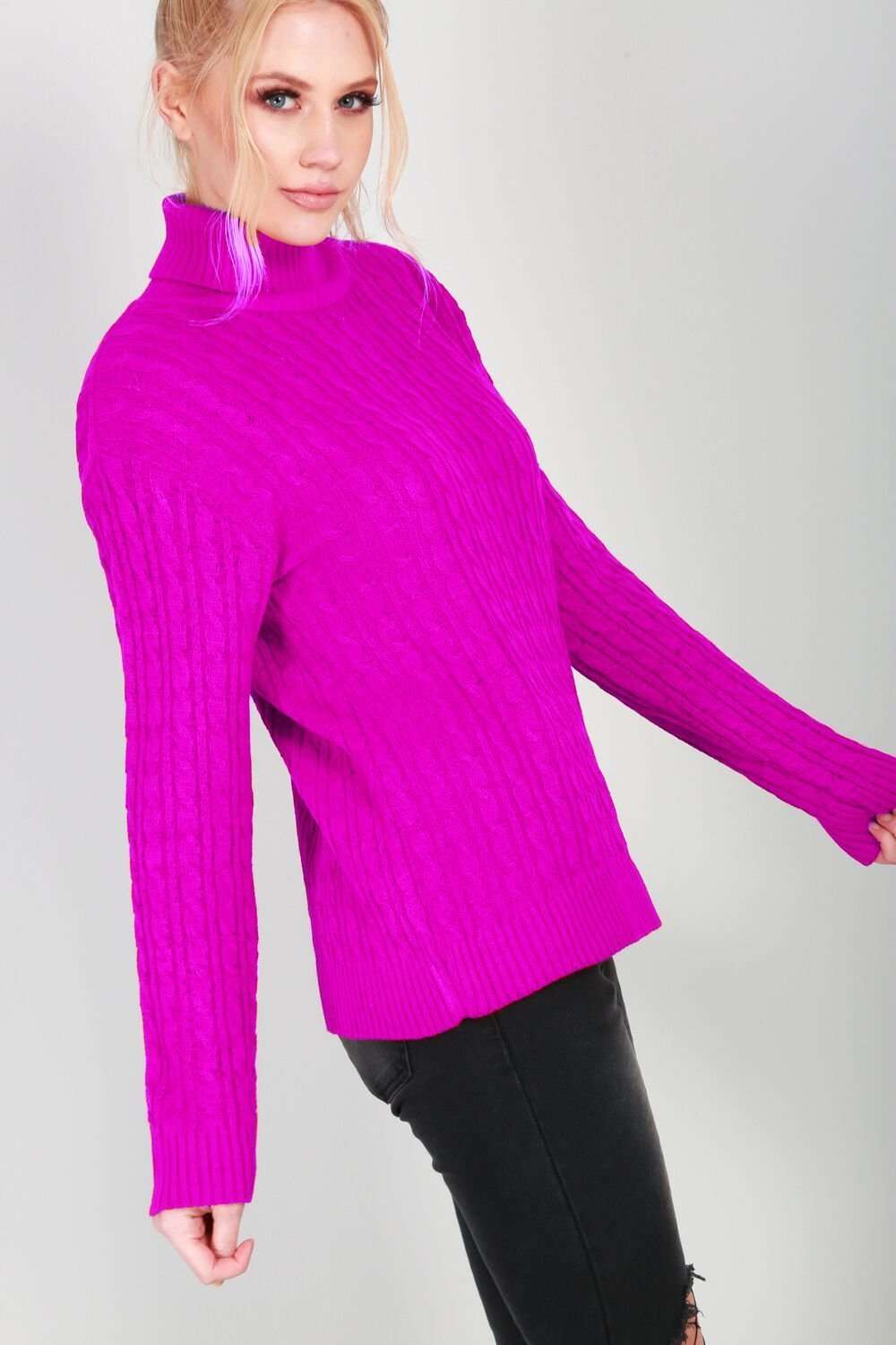 Lily Roll Neck Cable Knit Long Sleeve Jumper - bejealous-com