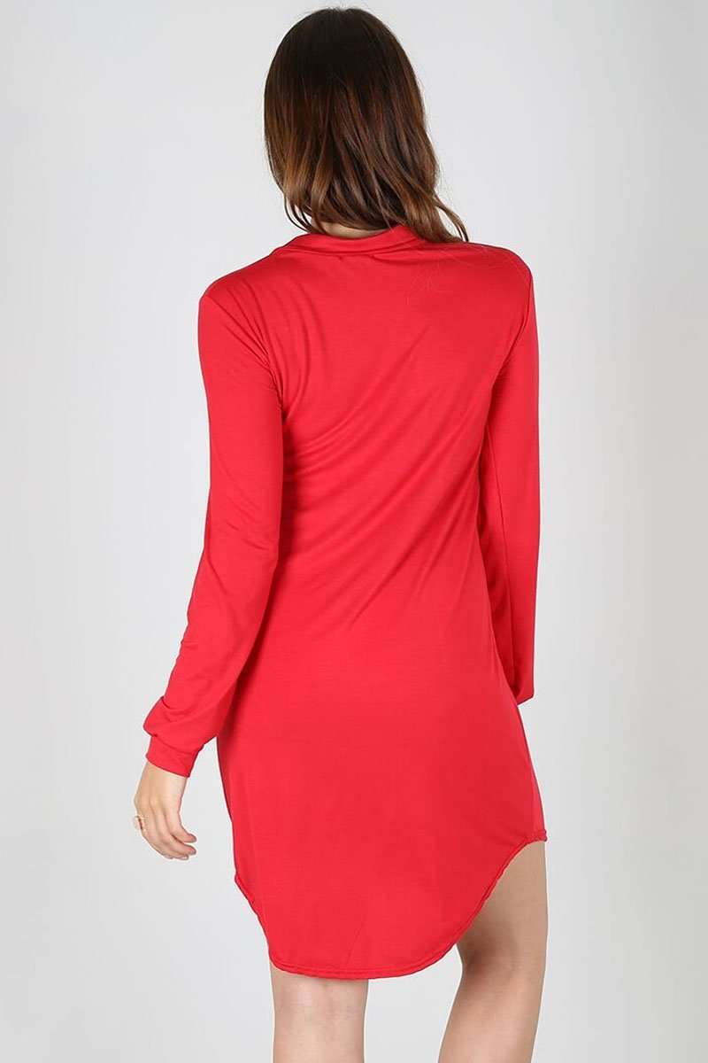 Lola Long Sleeve Curved Hem Shirt Dress - bejealous-com