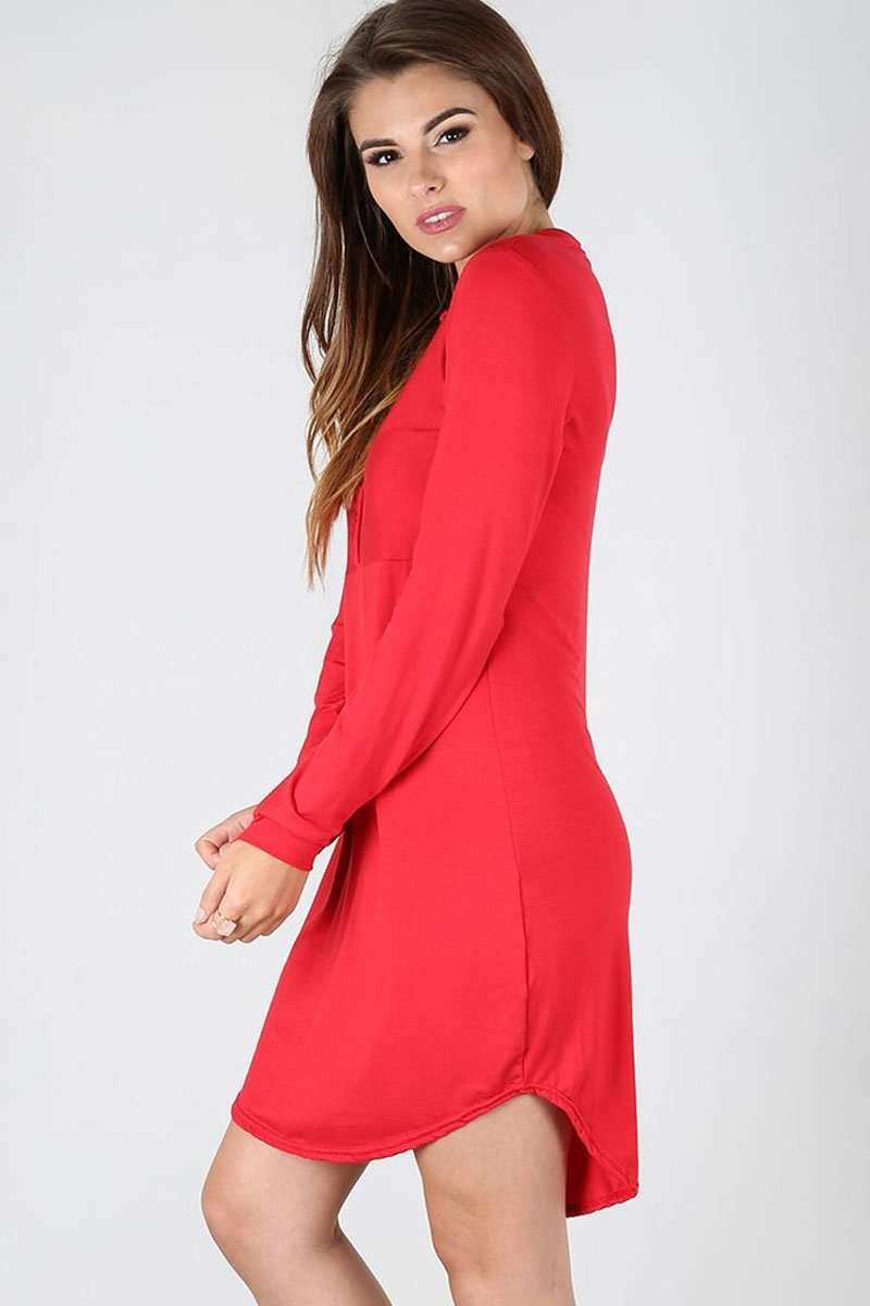 Long Sleeve Blue Mini Shirt Dress - bejealous-com