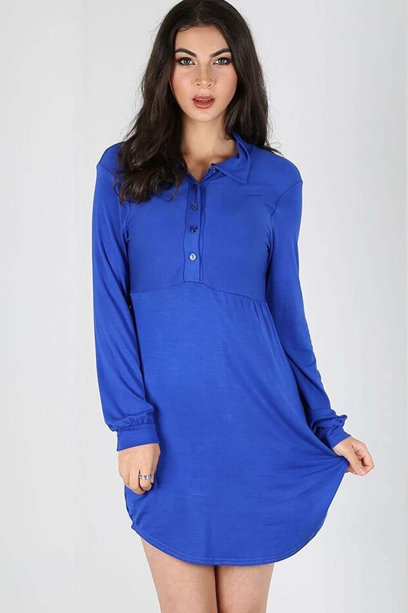 Long Sleeve Blue Mini Shirt Dress - bejealous-com