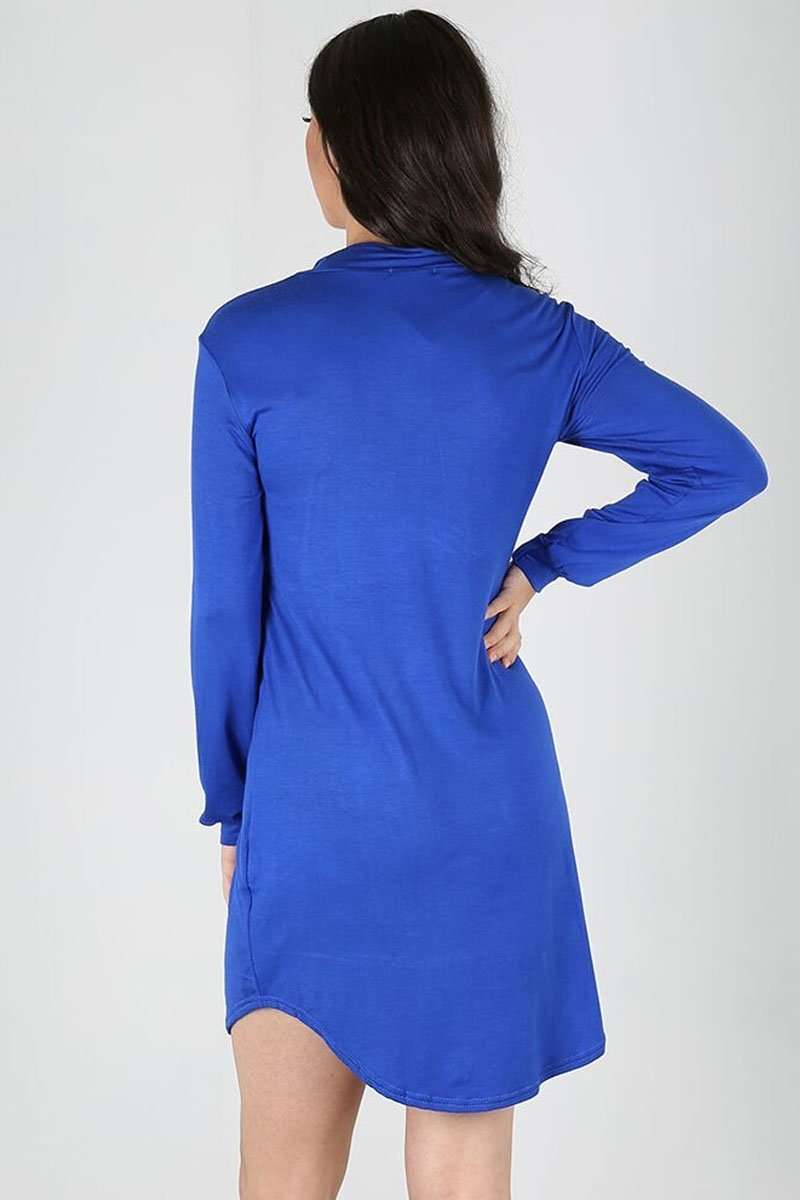 Long Sleeve Blue Mini Shirt Dress - bejealous-com