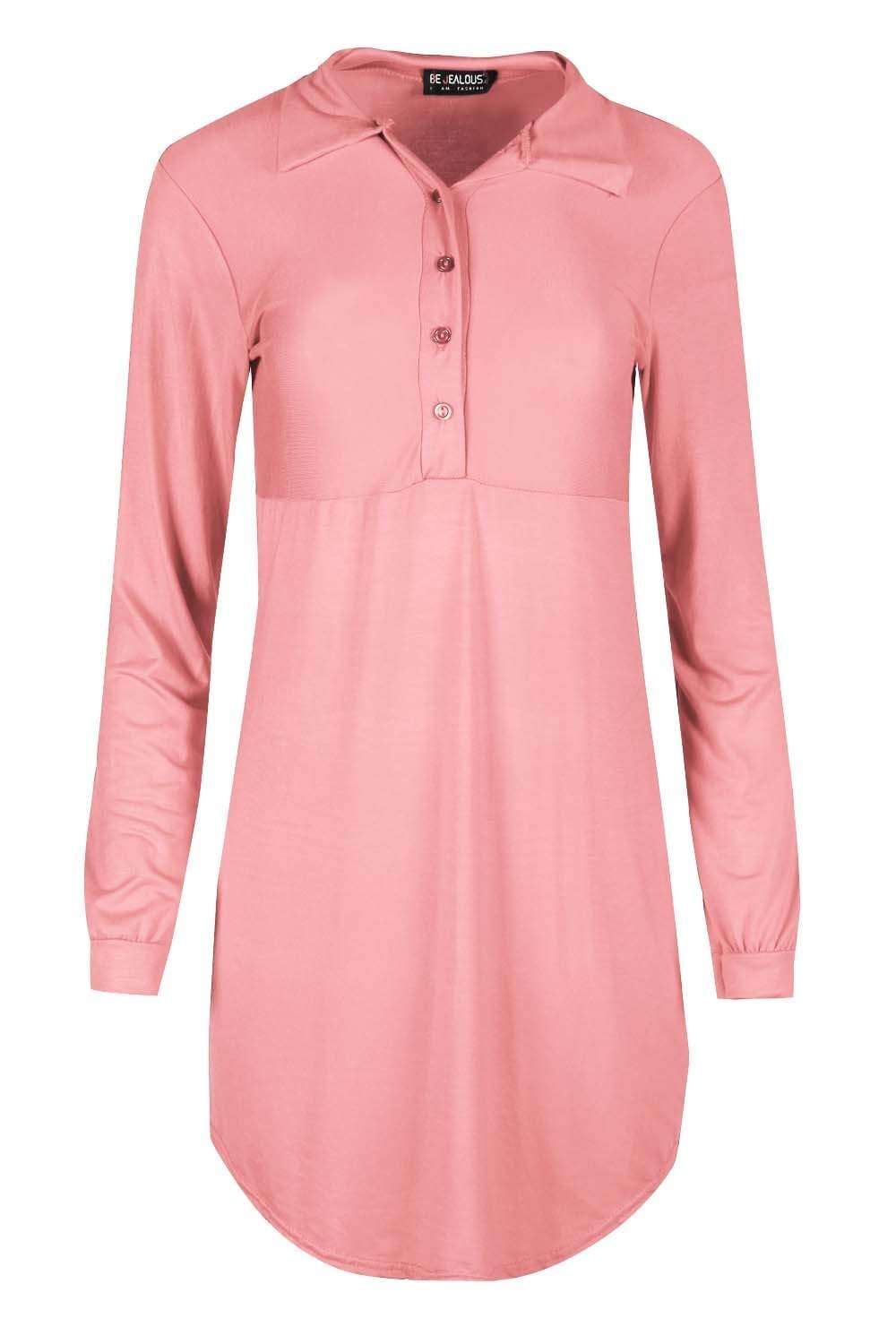 Long Sleeve Blue Mini Shirt Dress - bejealous-com